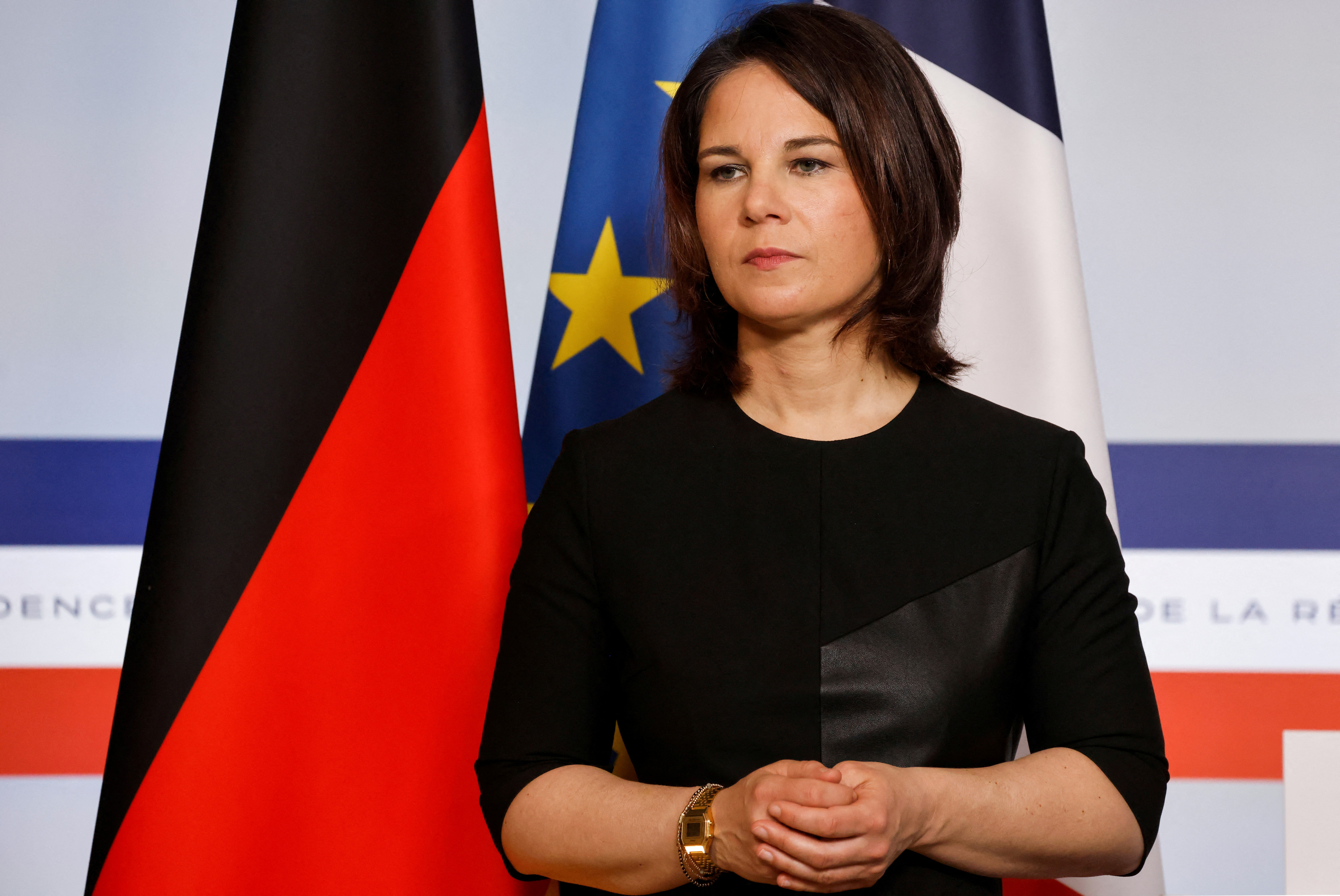 German Foreign Minister Annalena Baerbock speaks during a joint press conference with French Foreign and European Affairs Minister after the weekly cabinet meeting at the Elysee presidential palace in Paris on May 10, 2023.   LUDOVIC MARIN