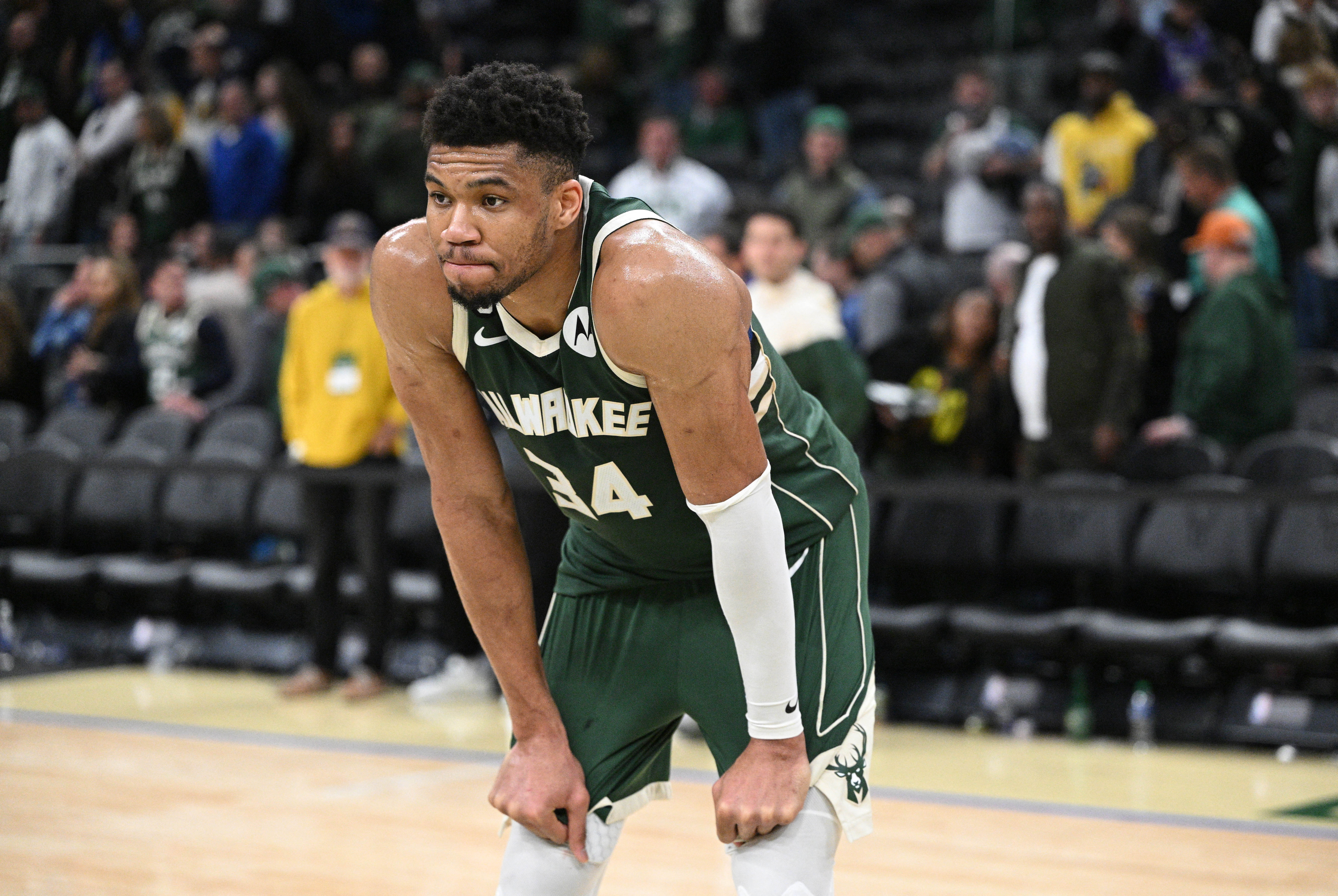Apr 26, 2023; Milwaukee, Wisconsin, USA; Milwaukee Bucks forward Giannis Antetokounmpo (34) after a 128-126 loss to the Miami Heat during game five of the 2023 NBA Playoffs at Fiserv Forum. Mandatory Credit: Michael McLoone-USA TODAY Sports