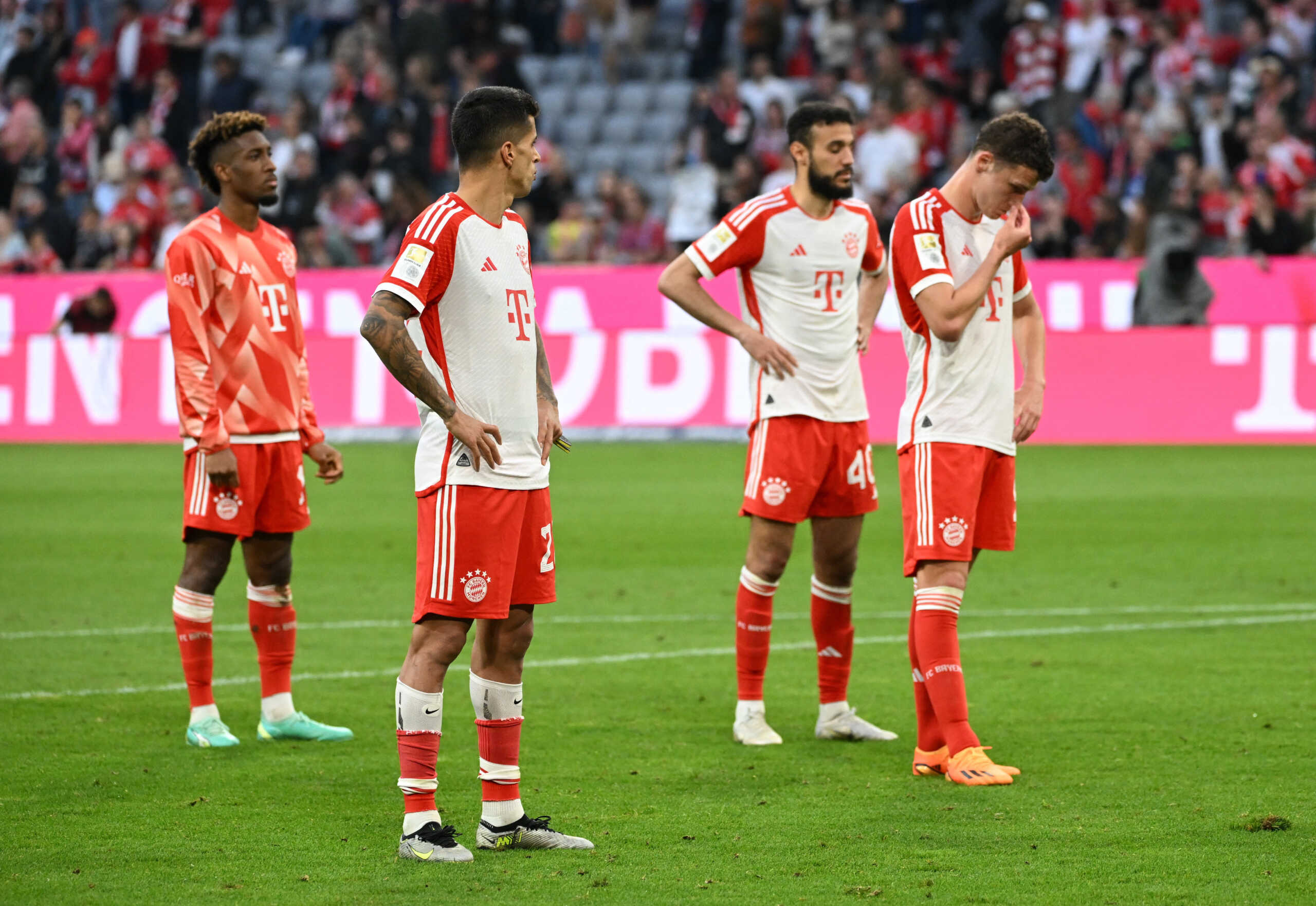 Soccer Football - Bundesliga - Bayern Munich v RB Leipzig - Allianz Arena, Munich, Germany - May 20, 2023 Bayern Munich's Joao Cancelo, Benjamin Pavard, Noussair Mazraoui and Kingsley Coman look dejected after the match REUTERS