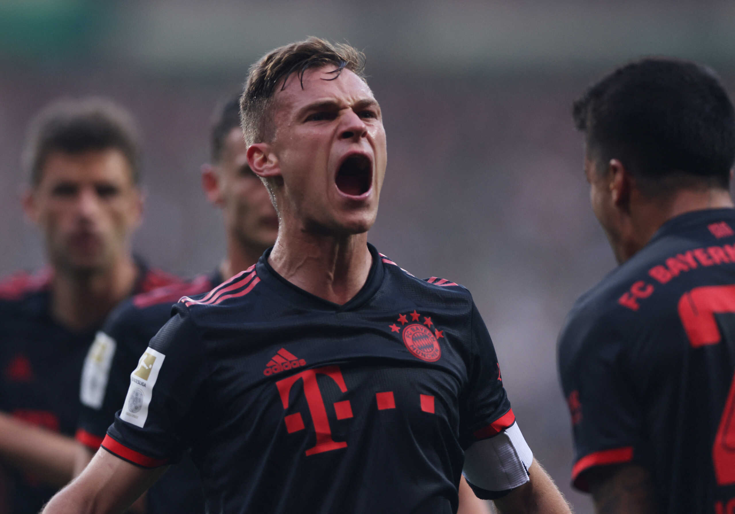Soccer Football - Bundesliga - Werder Bremen v Bayern Munich - Weser-Stadion, Bremen, Germany - May 6, 2023 Bayern Munich's Joshua Kimmich celebrates after Leroy Sane scores their second goal REUTERS