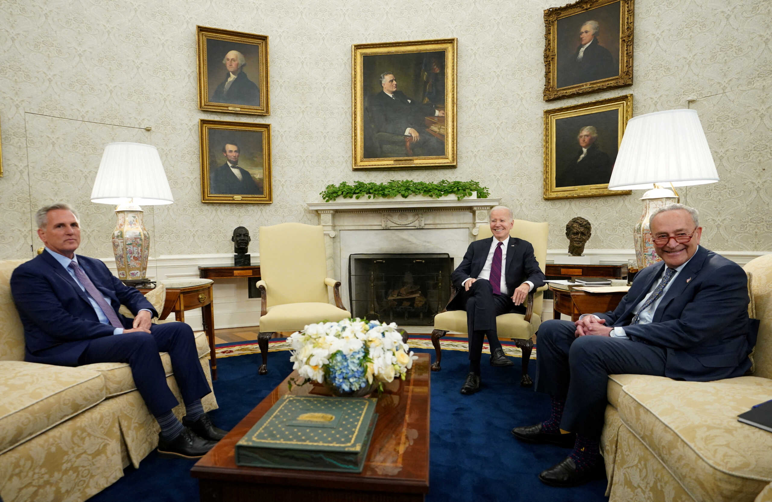 U.S. President Joe Biden hosts debt limit talks with House Speaker Kevin McCarthy (R-CA), Senate Minority Leader Mitch McConnell (R-KY) and other congressional leaders in the Oval Office at the White House in Washington, U.S., May 9, 2023. REUTERS