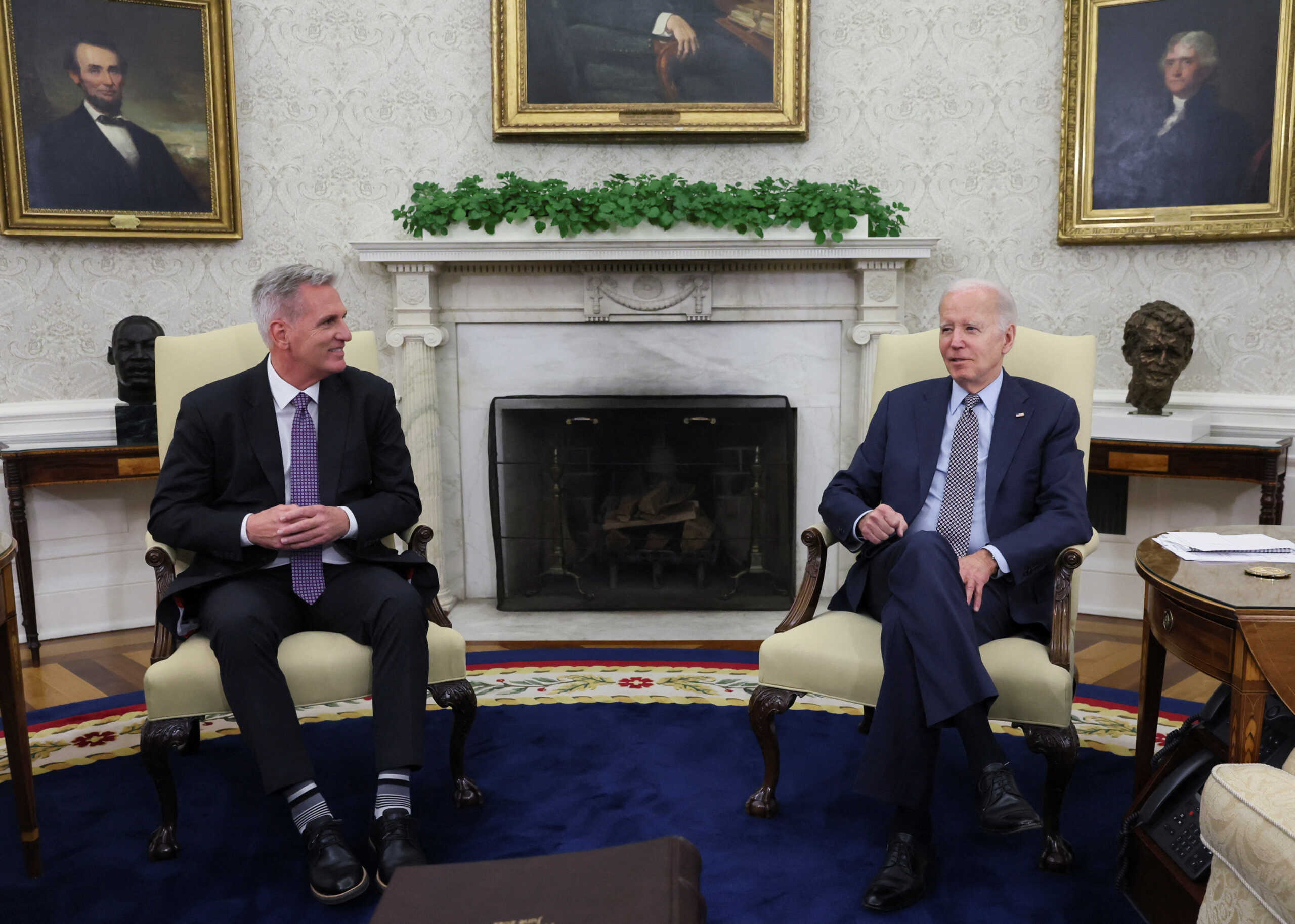 U.S. President Joe Biden hosts debt limit talks with House Speaker Kevin McCarthy (R-CA) in the Oval Office at the White House in Washington, U.S., May 22, 2023. REUTERS