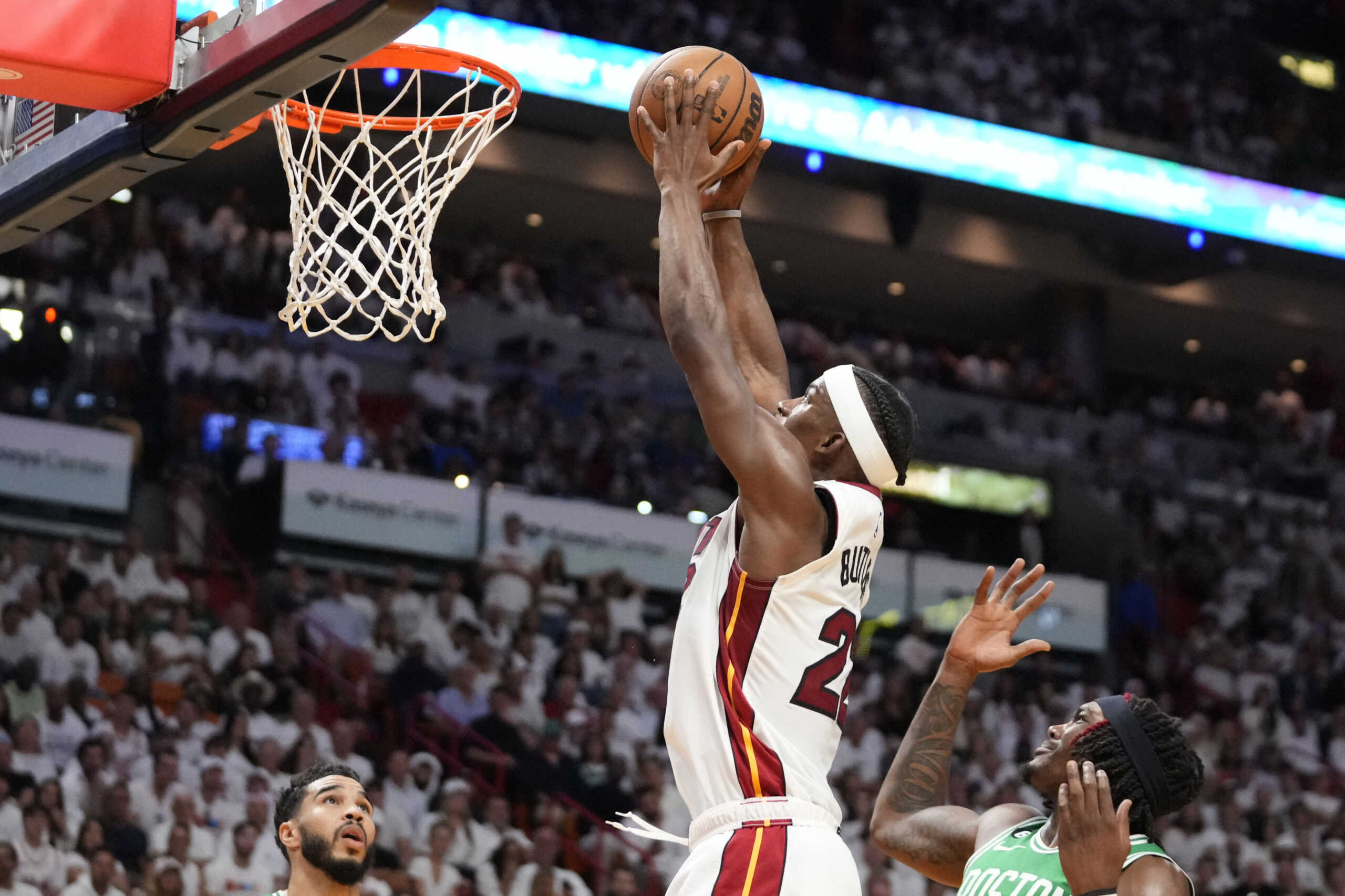 May 27, 2023; Miami, Florida, USA; Miami Heat forward Jimmy Butler (22) shoots against the Boston Celtics in the second quarter during game six of the Eastern Conference Finals for the 2023 NBA playoffs at Kaseya Center. Mandatory Credit: Rich Storry-USA TODAY Sports