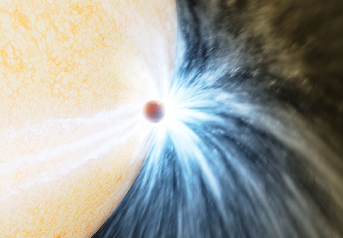 This undated artist's impression shows a doomed planet skimming the surface of its star, located about 15,000 light-years away from Earth, before being fully engulfed. K. Miller