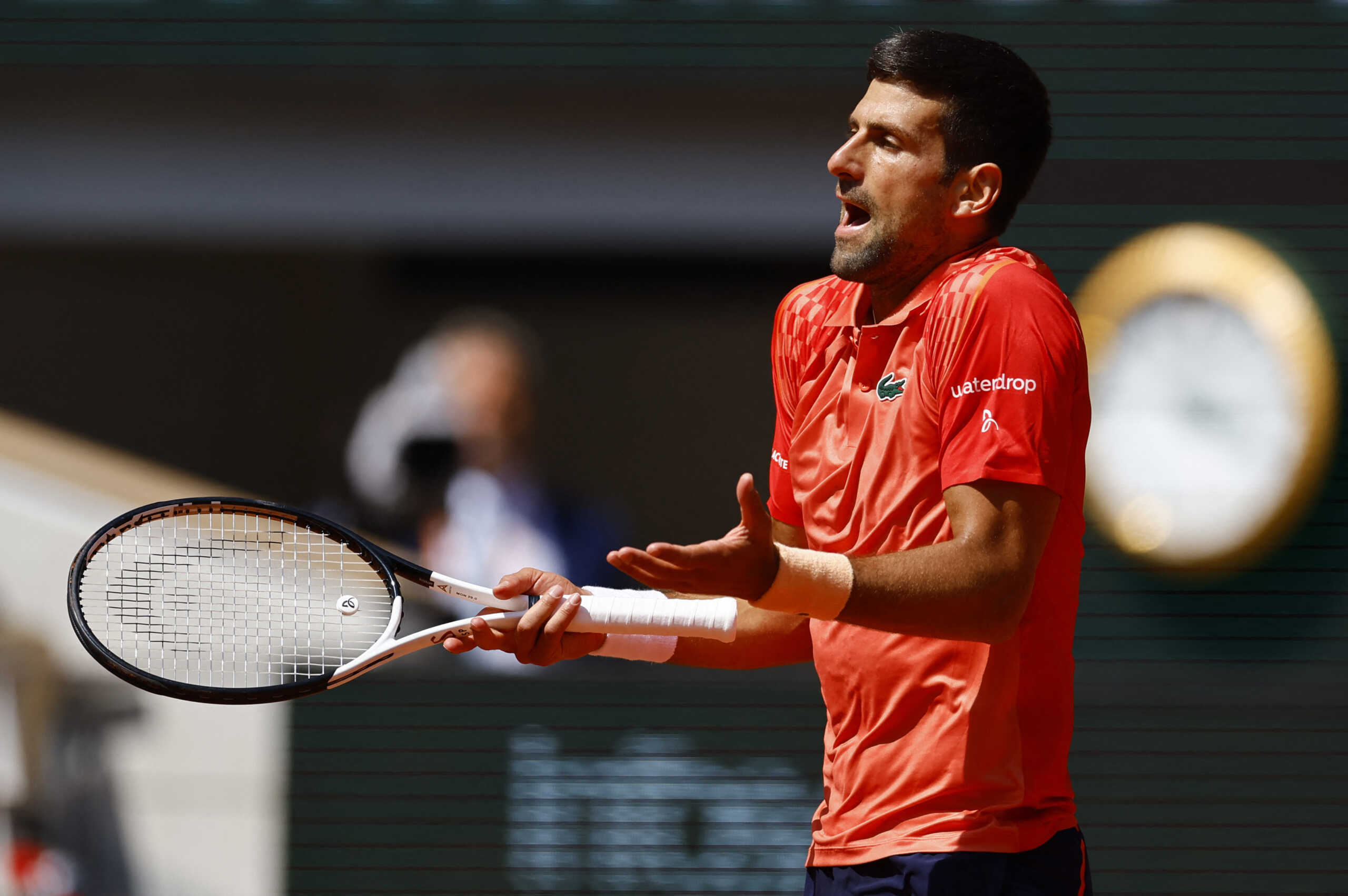 Tennis - French Open - Roland Garros, Paris, France - May 29, 2023 Serbia's Novak Djokovic reacts during his first round match against Aleksandar Kovacevic of the U.S. REUTERS