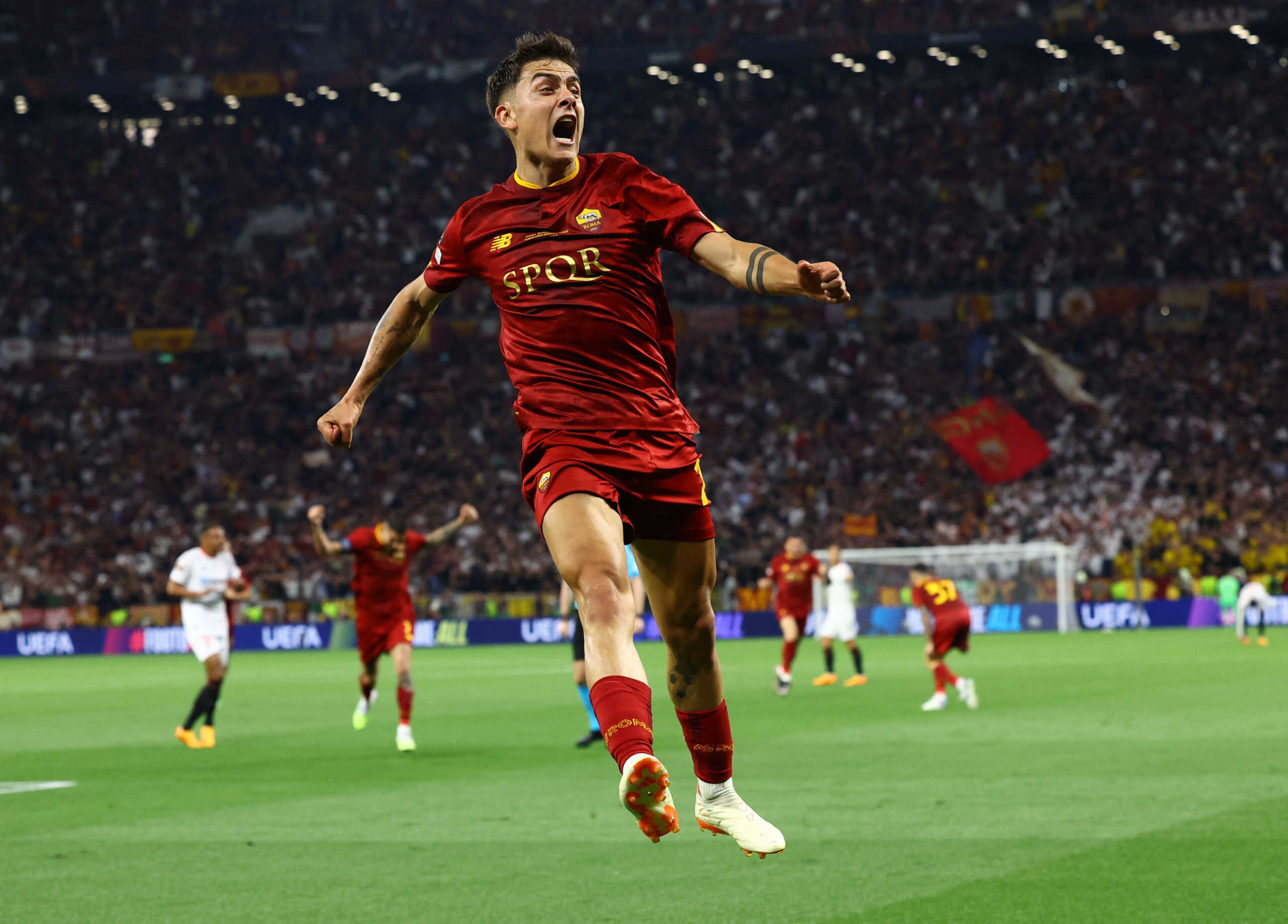 Soccer Football - Europa League - Final - Sevilla v AS Roma - Puskas Arena, Budapest, Hungary - May 31, 2023  AS Roma's Paulo Dybala celebrates scoring their first goal REUTERS