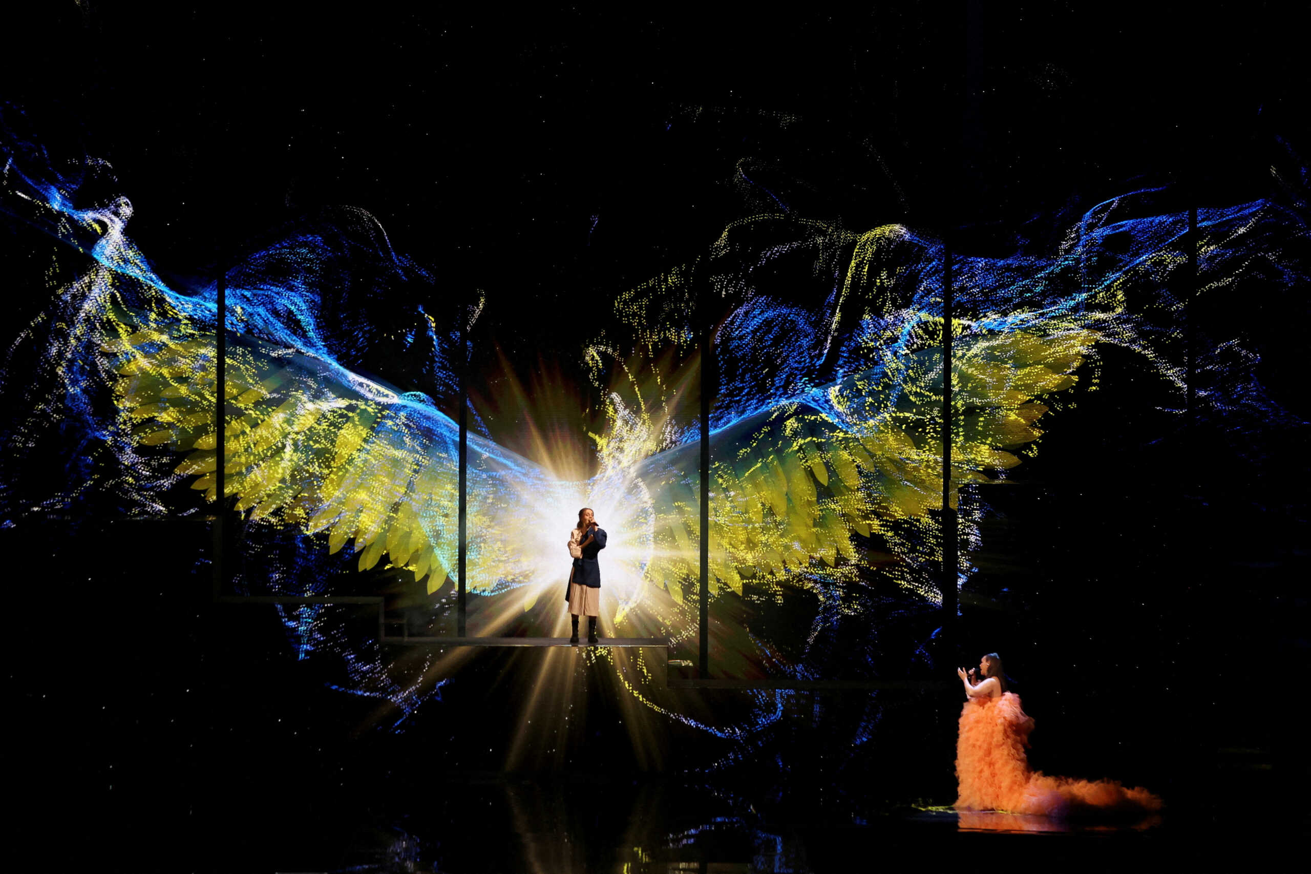 Alyosha and Rebecca Ferguson perform during the first semi-final of the 2023 Eurovision Song Contest in Liverpool, Britain, May 9, 2023. REUTERS