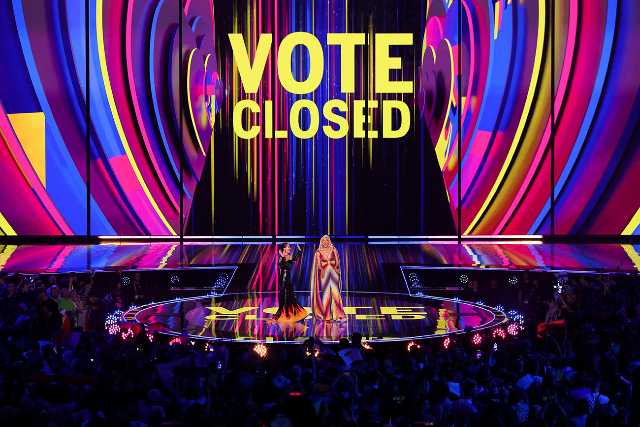 Hosts Julia Sanina and Hannah Waddingham speak on stage during the first semi-final of the 2023 Eurovision Song Contest in Liverpool, Britain, May 9, 2023. REUTERS