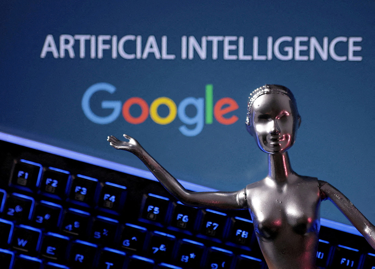 FILE PHOTO: Google logo and AI Artificial Intelligence words are seen in this illustration taken, May 4, 2023. REUTERS