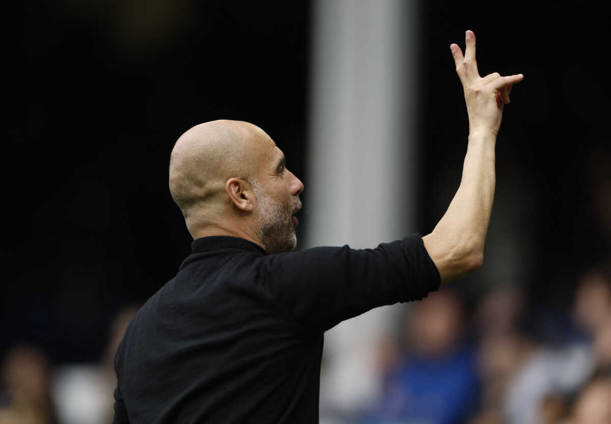 Soccer Football - Premier League - Everton v Manchester City - Goodison Park, Liverpool, Britain - May 14, 2023 Manchester City manager Pep Guardiola celebrates after the match Action Images via Reuters