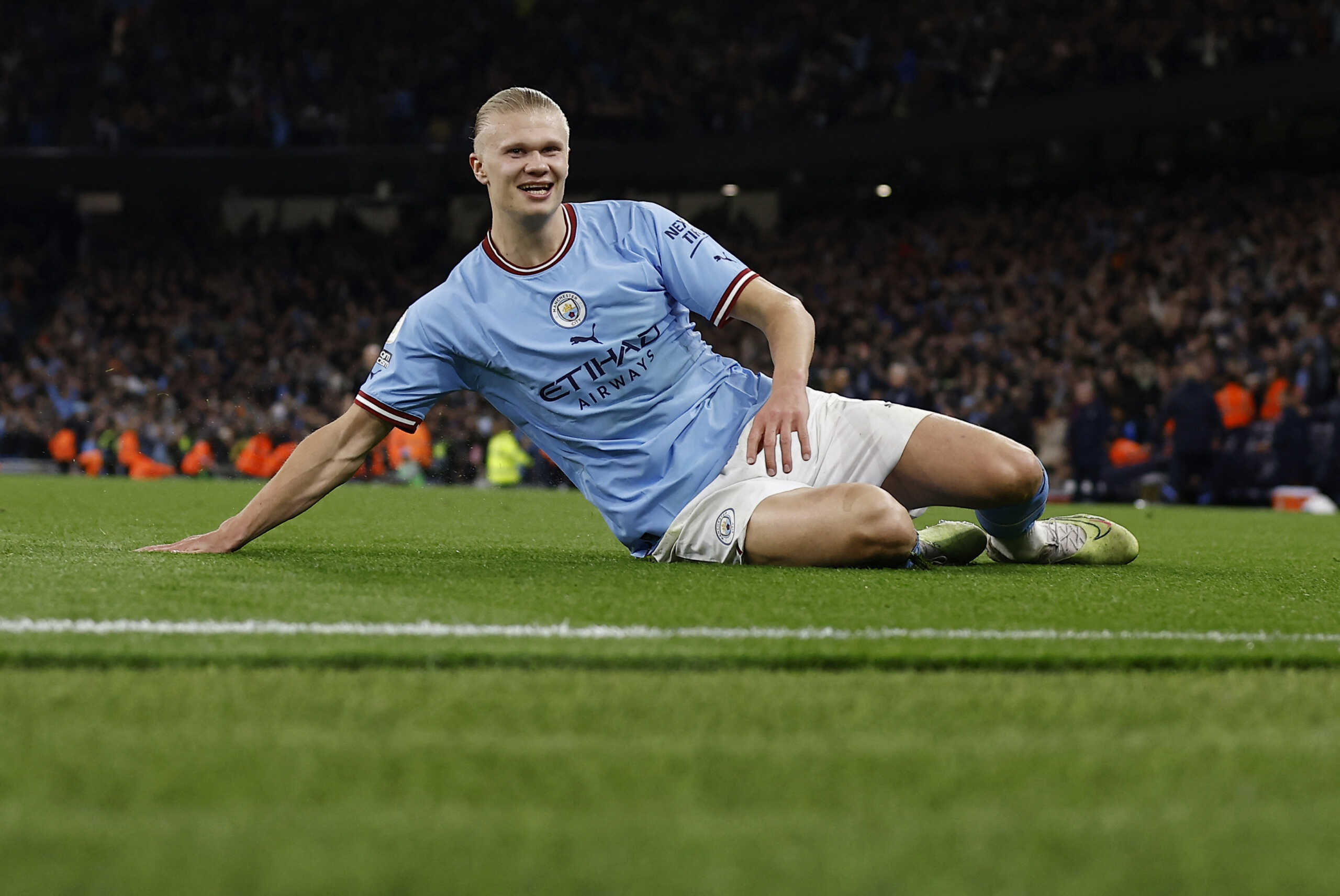 Soccer Football - Premier League - Manchester City v West Ham United - Etihad Stadium, Manchester, Britain - May 3, 2023 Manchester City's Erling Braut Haaland celebrates scoring their second goal Action Images via Reuters