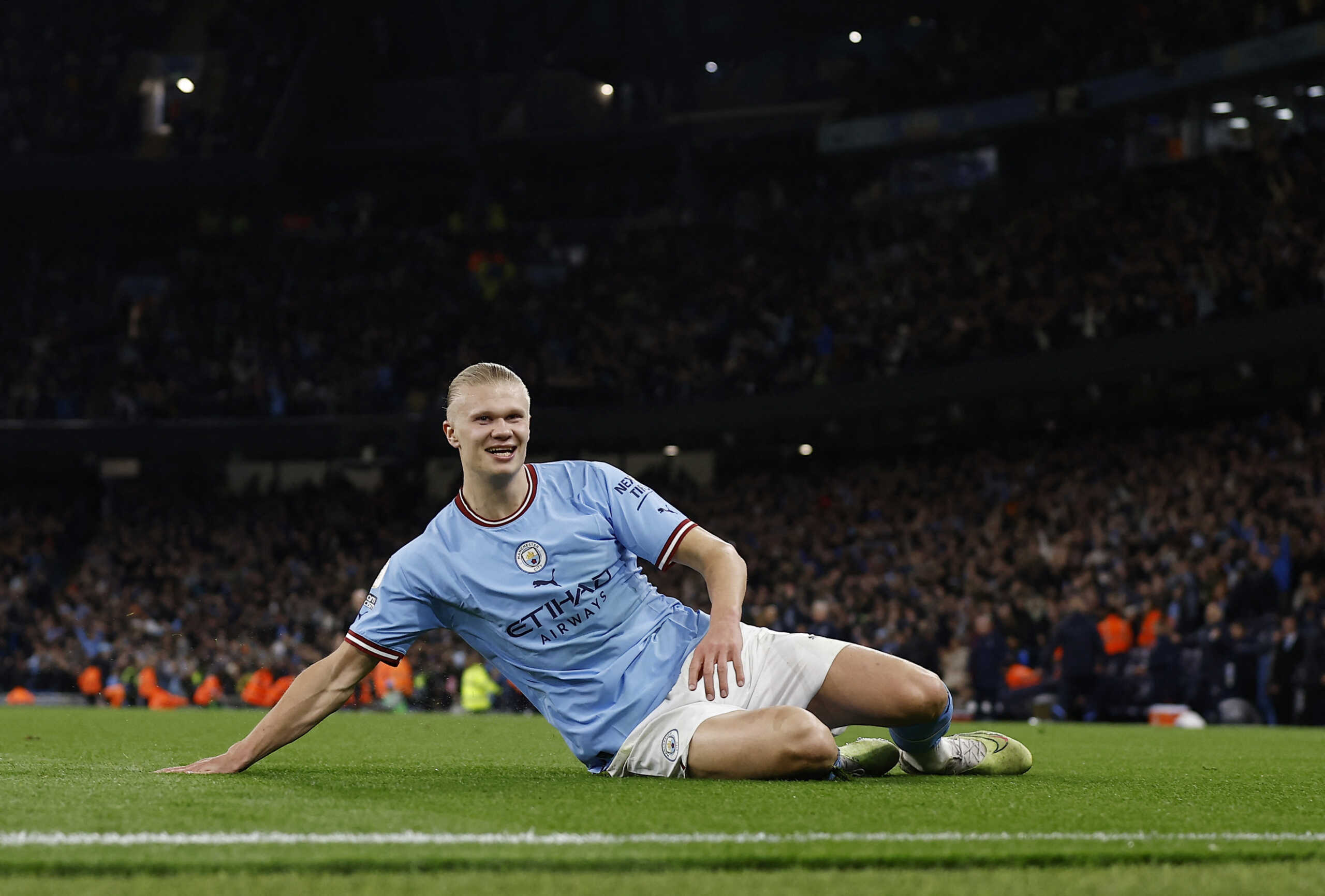 Soccer Football - Premier League - Manchester City v West Ham United - Etihad Stadium, Manchester, Britain - May 3, 2023 Manchester City's Erling Braut Haaland celebrates scoring their second goal Action Images via Reuters