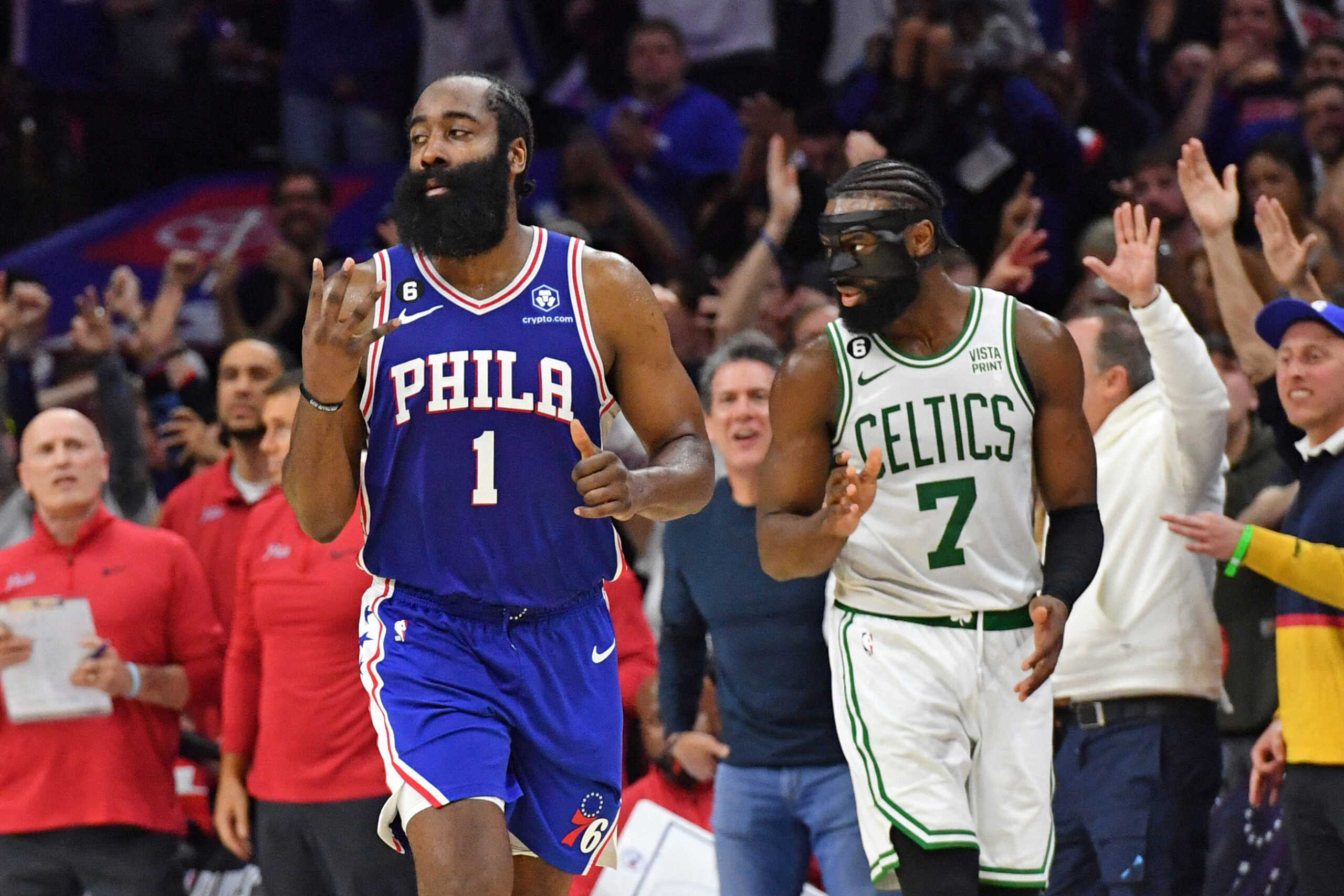 May 7, 2023; Philadelphia, Pennsylvania, USA; Philadelphia 76ers guard James Harden (1) reacts after making game-winning three point basket against the Boston Celtics during overtime of game four of the 2023 NBA playoffs at Wells Fargo Center. Mandatory Credit: Eric Hartline-USA TODAY Sports