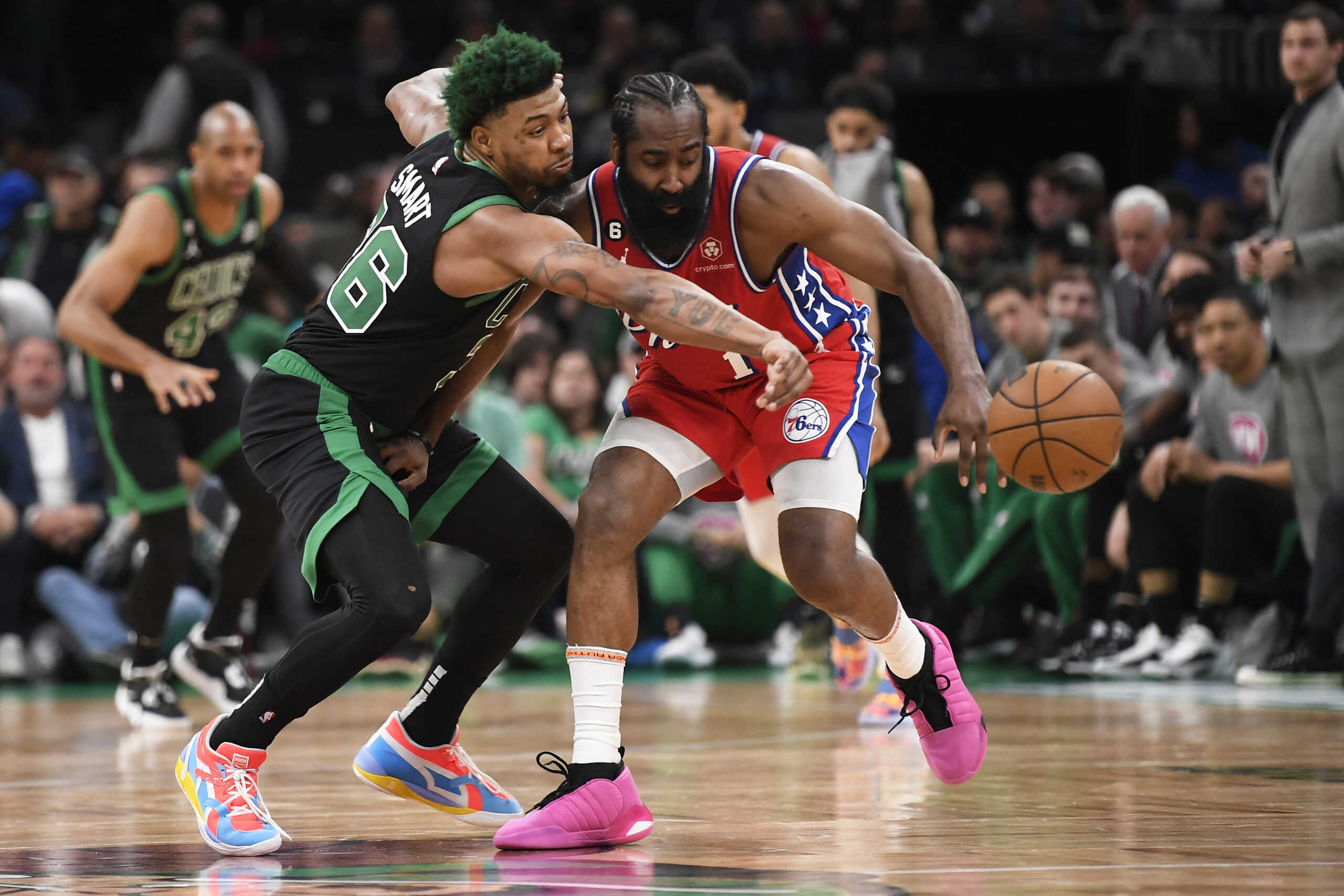 May 1, 2023; Boston, Massachusetts, USA;Boston Celtics guard Marcus Smart (36) tries to steal the ball from Philadelphia 76ers guard James Harden (1) in the second half during game one of the 2023 NBA playoffs at TD Garden. Mandatory Credit: Bob DeChiara-USA TODAY Sports