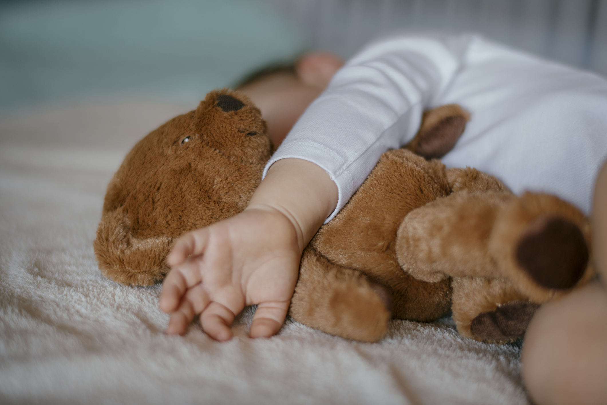 Baby sleeping with teddy bear. Shadow DOF. Developed from RAW; retouched with special care and attention; Small amount of grain added for best final impression. 16 bit Adobe RGB color profile.