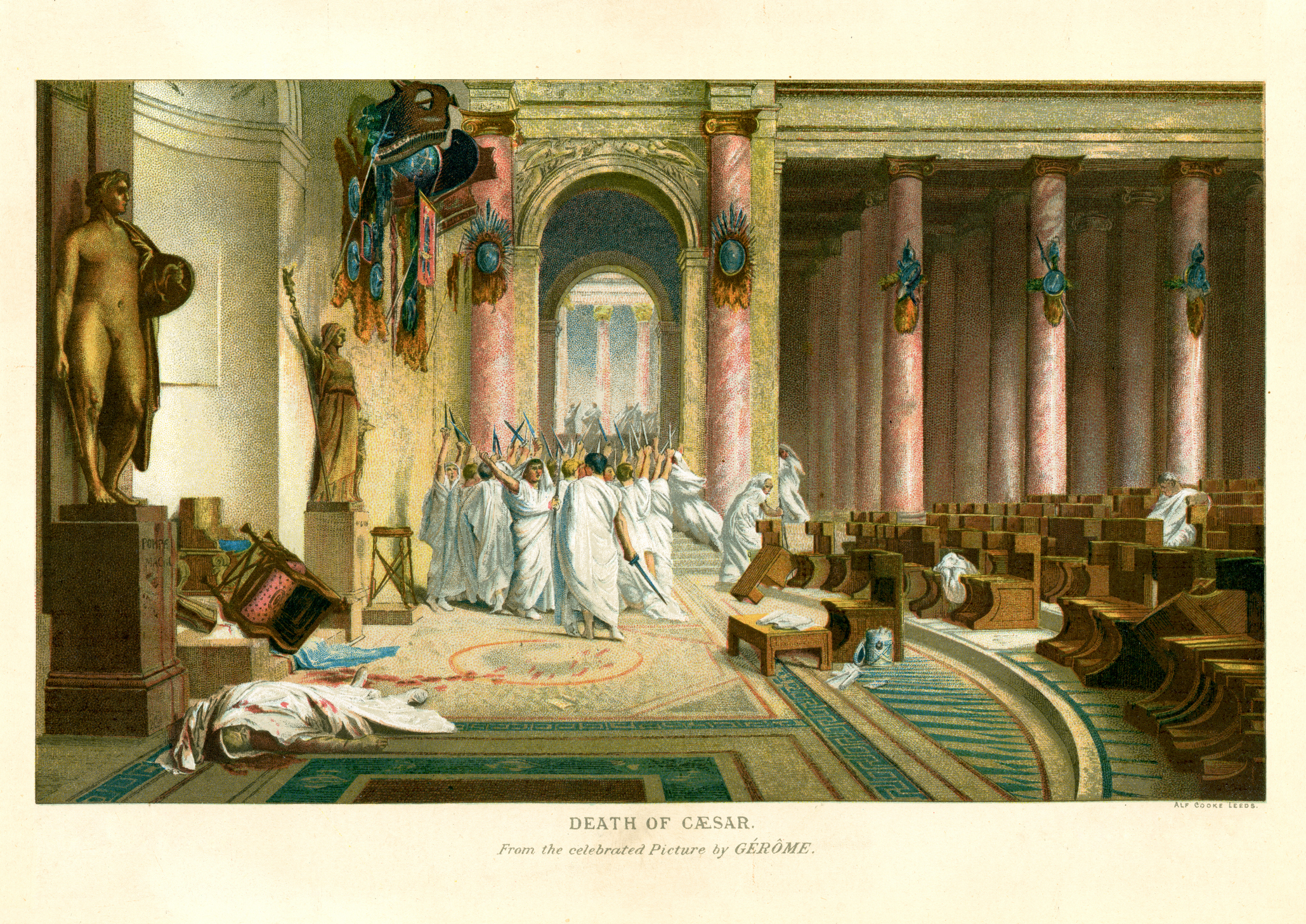 Vintage lithograph after Gerome, showing the death of Julius Caesar on the Ides of March 44BC, in the ancient Roman Senate.