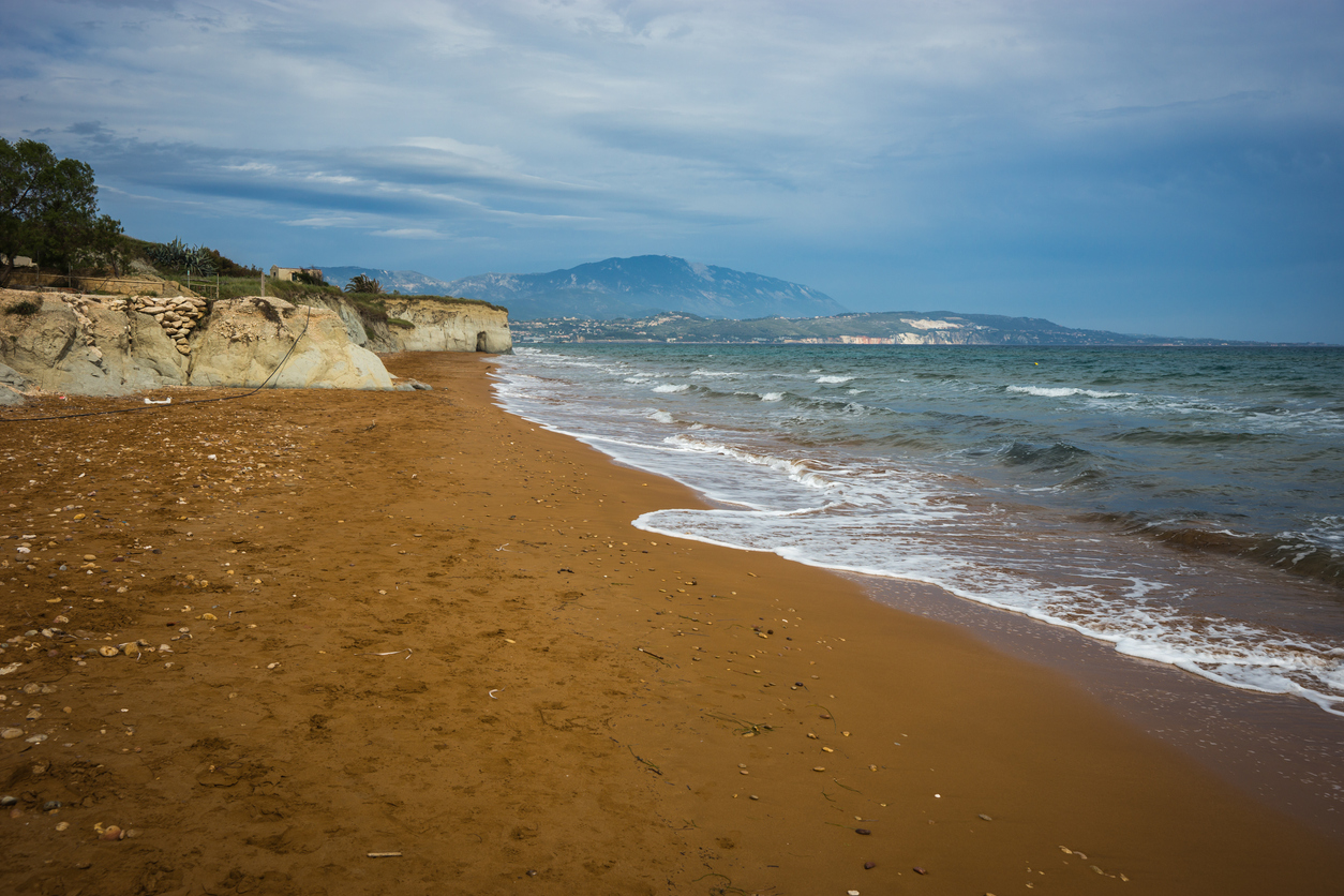 Stunning red sand and white rocks on Ksi beach  on Kefalonia in Greece
