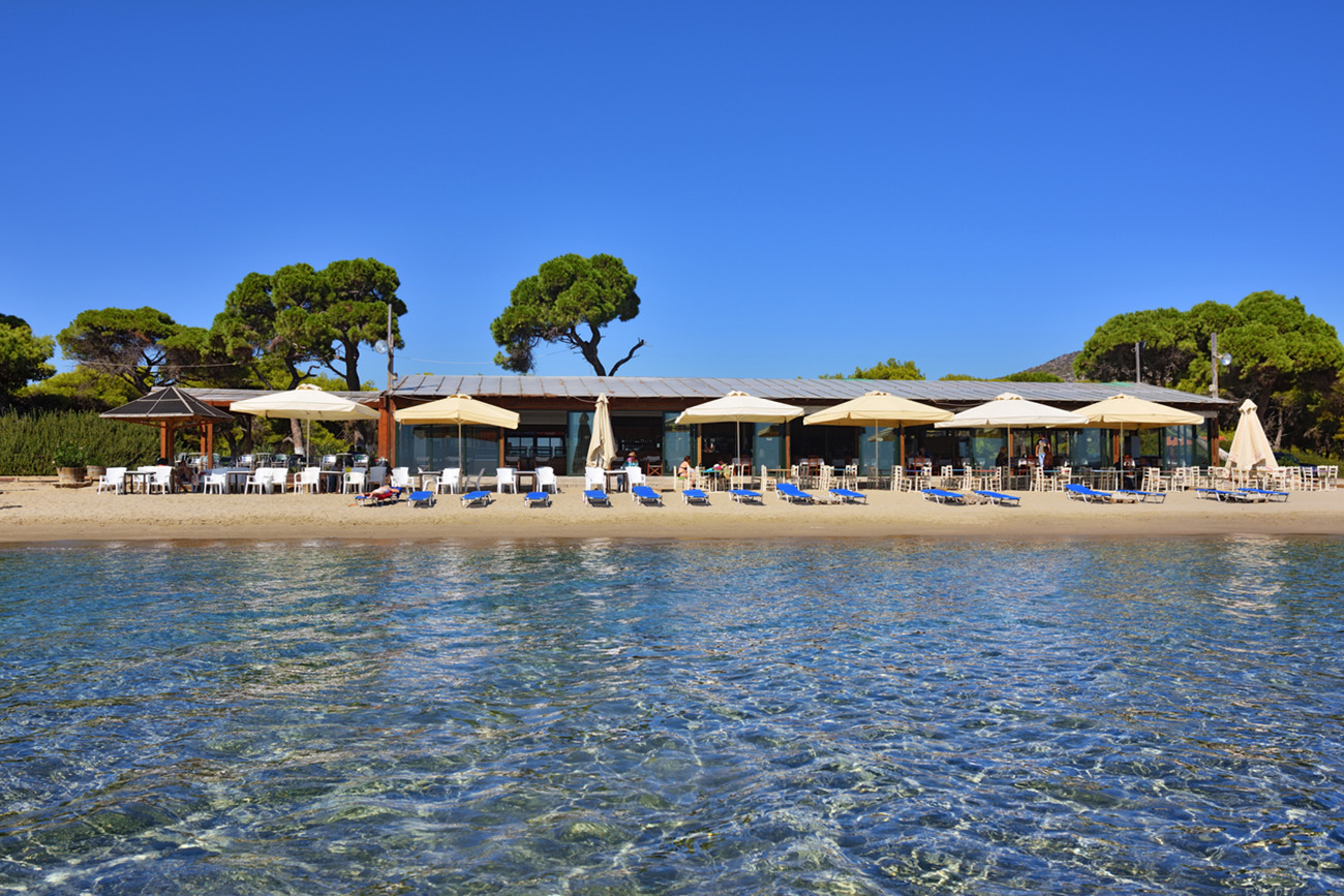 Marathon, Greece - Oct 01, 2016: View from water on the beautiful Schinias sandy beach, one from most popular beach in Attica