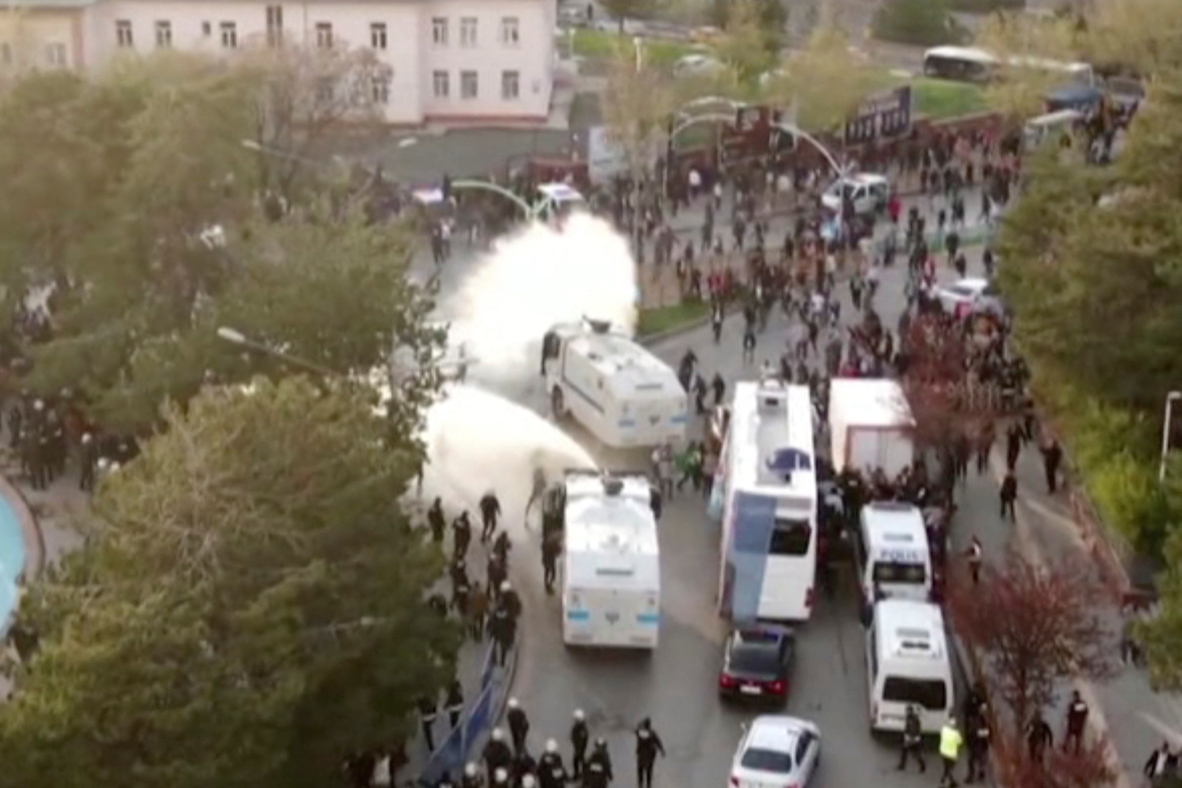 Riot police use water cannons to disperse the crowd during an election rally of Istanbul Mayor Ekrem Imamoglu from the main opposition Republican People's Party (CHP) in Erzurum, Turkey May 7, 2023. Reuters TV