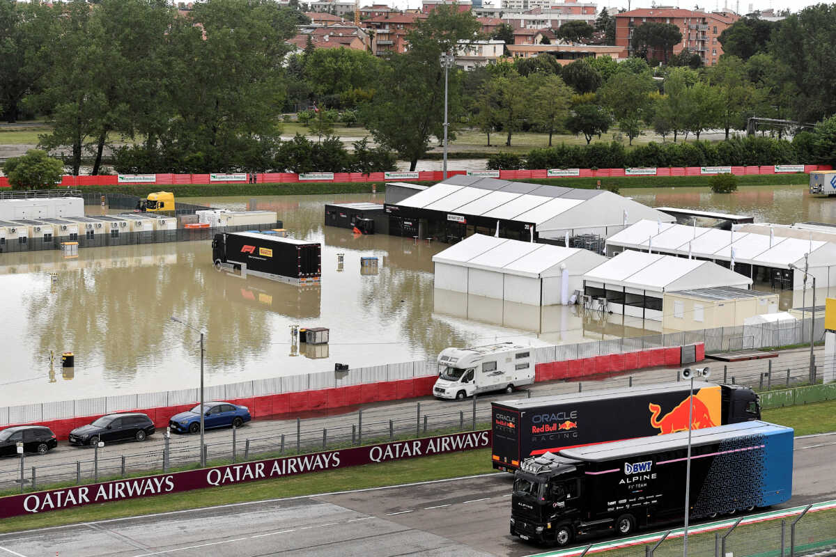FILE PHOTO: A general view of the flooded Motor racing-Imola paddock, as Santerno river levels rise due to heavy rain, ahead of the weekend's cancelled Emilia Romagna Grand Prix, in Imola, Italy, May 17, 2023. REUTERS