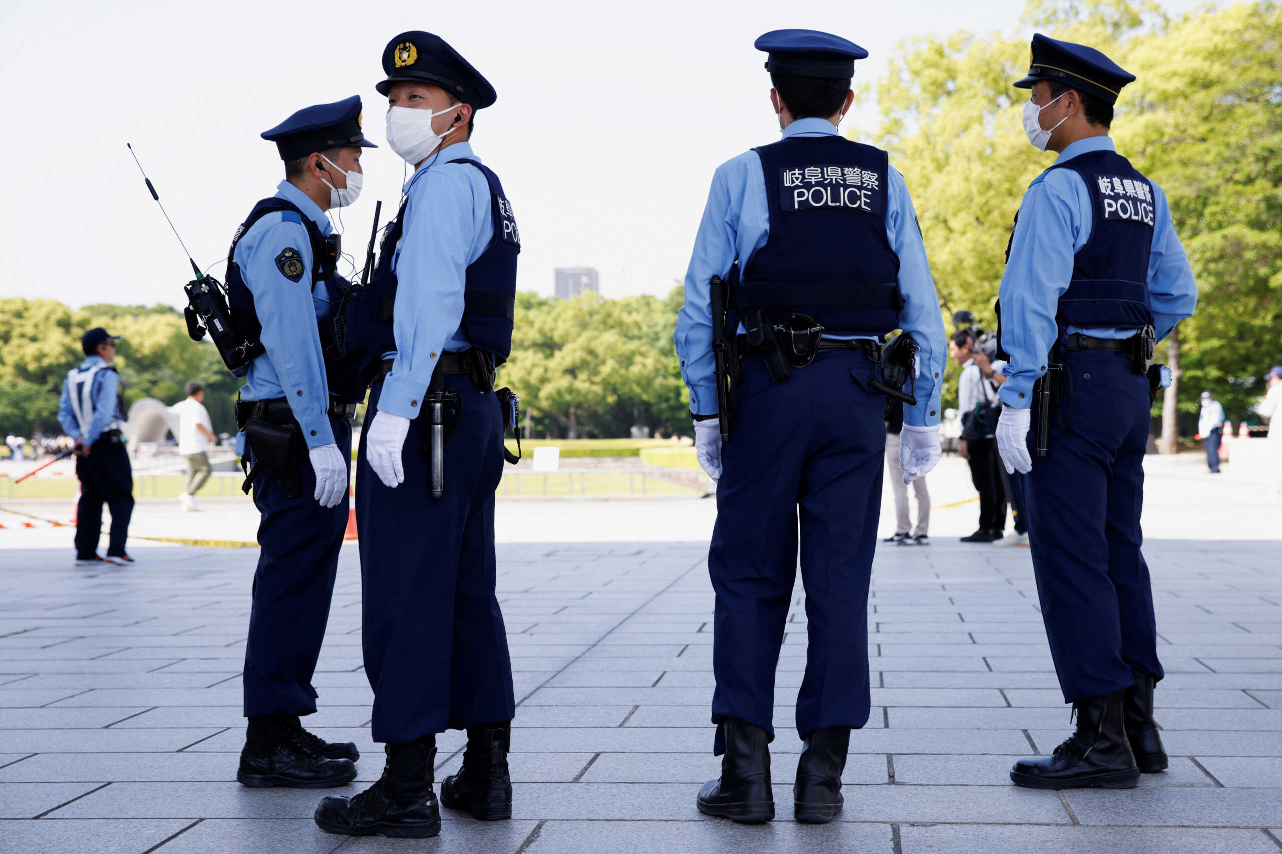 Police officers patrol around the Peace Memorial Museum, ahead of the G7 summit, in Hiroshima, Japan, May 17, 2023. REUTERS