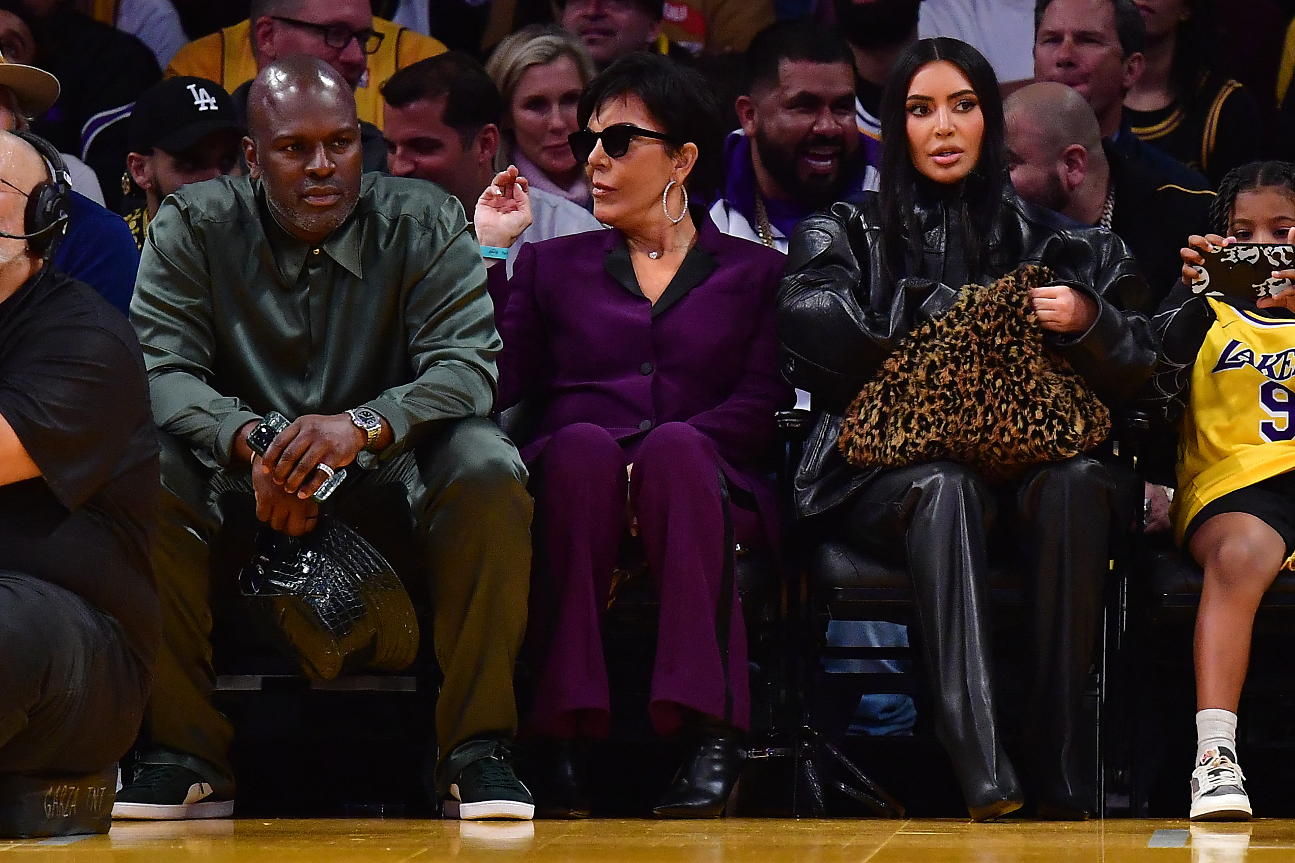 Apr 24, 2023; Los Angeles, California, USA; Actor Corey Gamble, media personality Kris Jenner and Kim Kardashian in attendance during the second half in game four of the 2023 NBA playoffs between the Los Angeles Lakers and Memphis Grizzlies  at Crypto.com Arena. Mandatory Credit: Gary A. Vasquez-USA TODAY Sports
