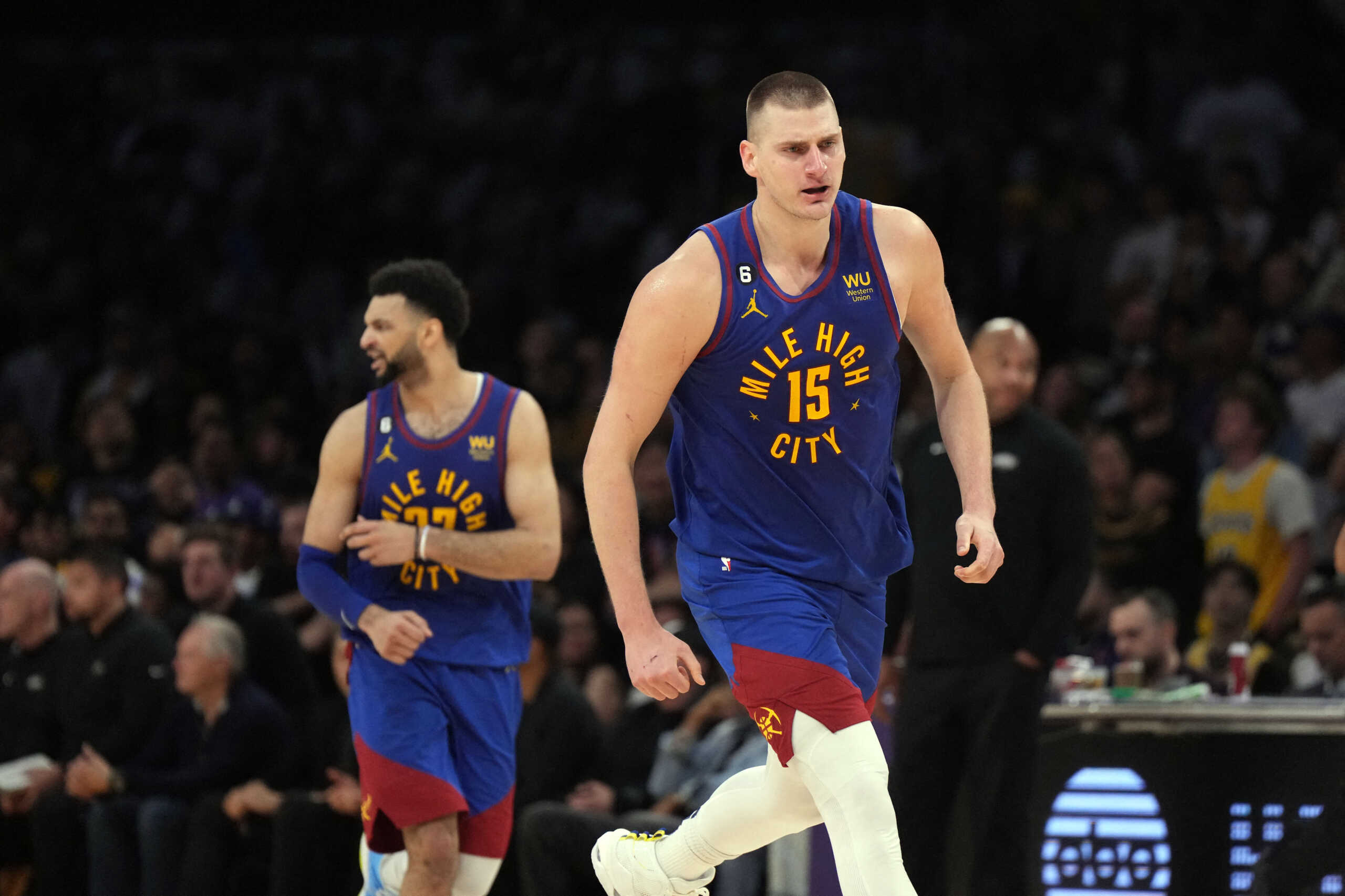 May 20, 2023; Los Angeles, California, USA; Denver Nuggets center Nikola Jokic (15) reacts in the fourth quarter against the Los Angeles Lakers during game three of the Western Conference Finals for the 2023 NBA playoffs at Crypto.com Arena. Mandatory Credit: Kirby Lee-USA TODAY Sports
