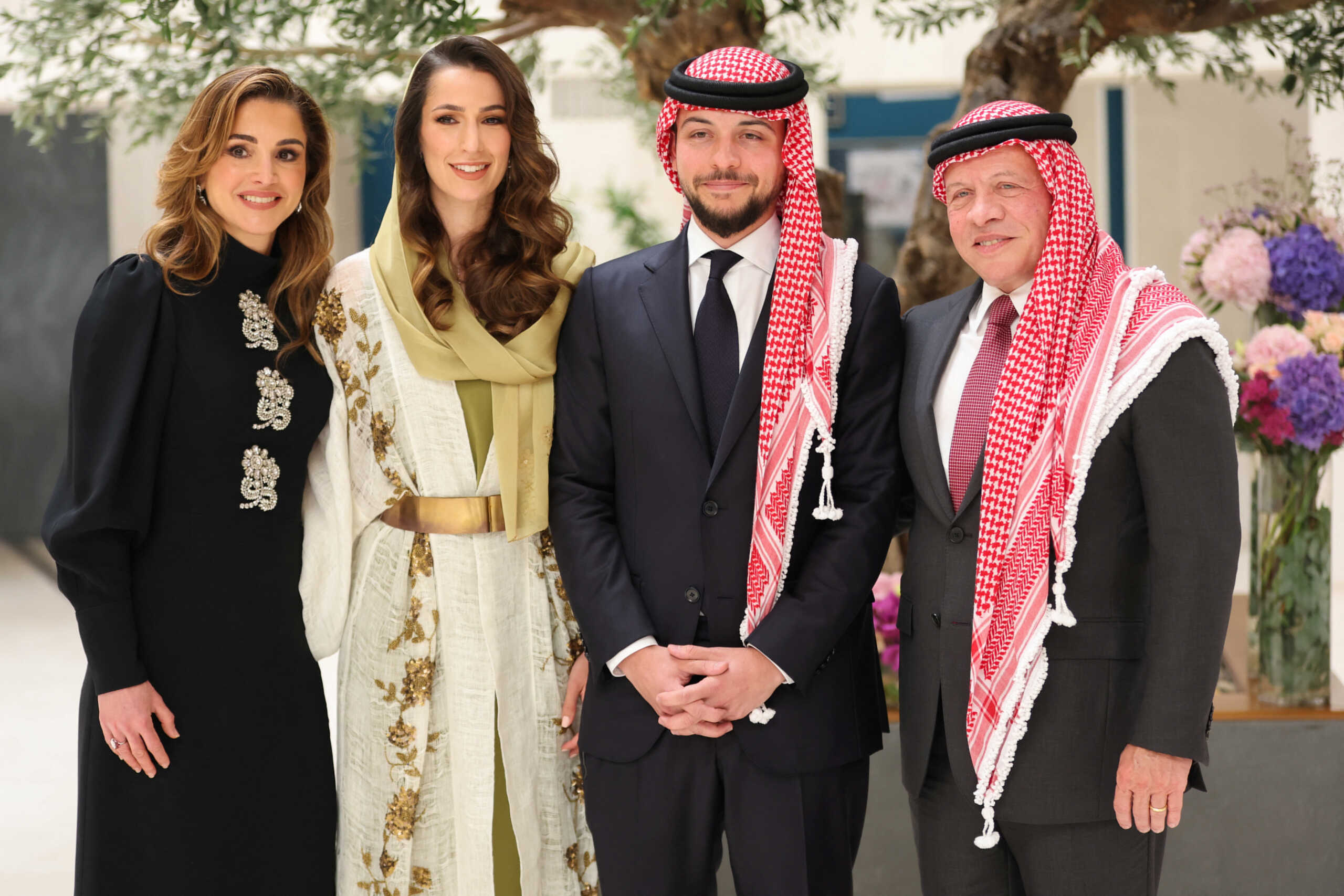 Jordan's King Abdullah II and Queen Rania stand with Crown Prince Hussein during his engagement to Rajwa Al Saif, the youngest daughter of Saudi businessman Khaled Al Saif, in Riyadh, in this handout picture released by the Royal Hashemite Court on August 17, 2022, Saudi Arabia. Royal Hashemite Court