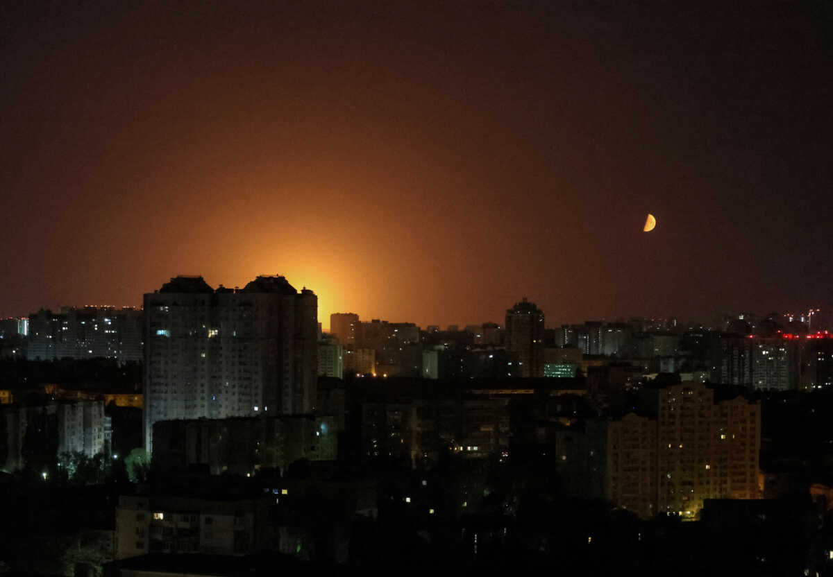 An explosion of a drone is seen in the sky over the city during a Russian drone strike, amid Russia's attack on Ukraine, in Kyiv, Ukraine May 28, 2023. REUTERS