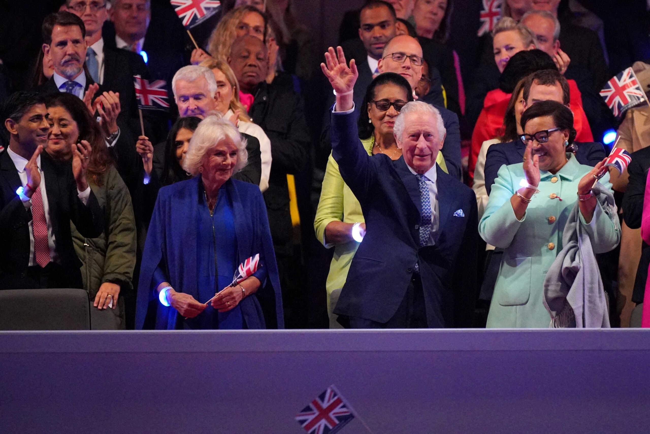 (left to right) Prime Minister Rishi Sunak, Akshata Murty, Queen Camilla, King Charles III and Commonwealth Secretary-General, Patricia Scotland, Baroness Scotland of Asthal in the Royal Box viewing the Coronation Concert held in the grounds of Windsor Castle, Berkshire, to celebrate the coronation of King Charles III and Queen Camilla. Picture date: Sunday May 7, 2023.   Yui Mok