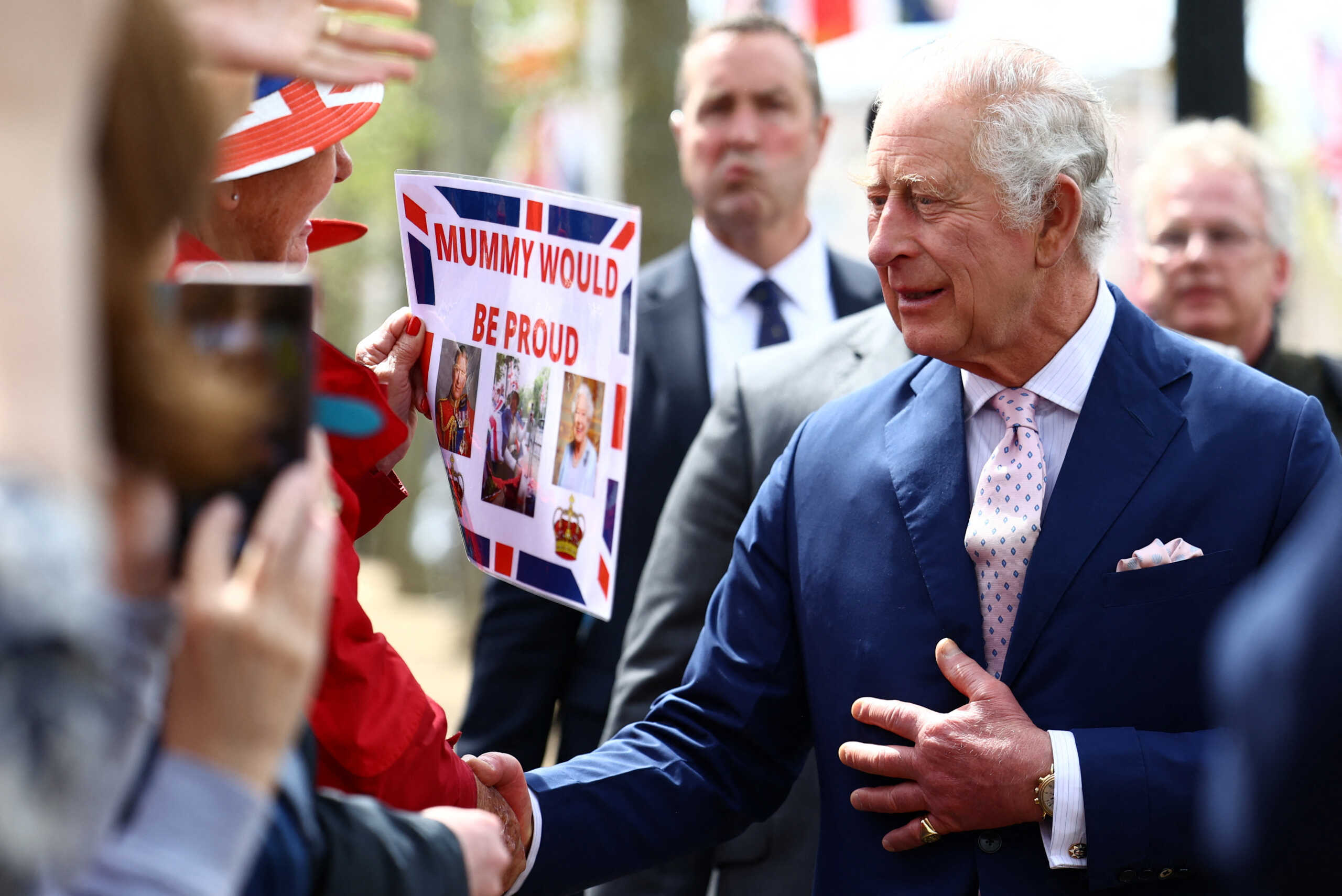 Britain's King Charles meets well-wishers during a walkabout on the Mall outside Buckingham Palace ahead of his and Camilla, Queen Consort's coronation, in London, Britain, May 5, 2023. REUTERS