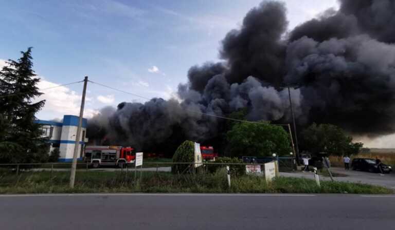 Νέες εικόνες από τη φωτιά σε εργοστάσιο με μοκέτες στoν Πλατύκαμπο Λάρισας - Απλώνεται μαύρο σύννεφο καπνού