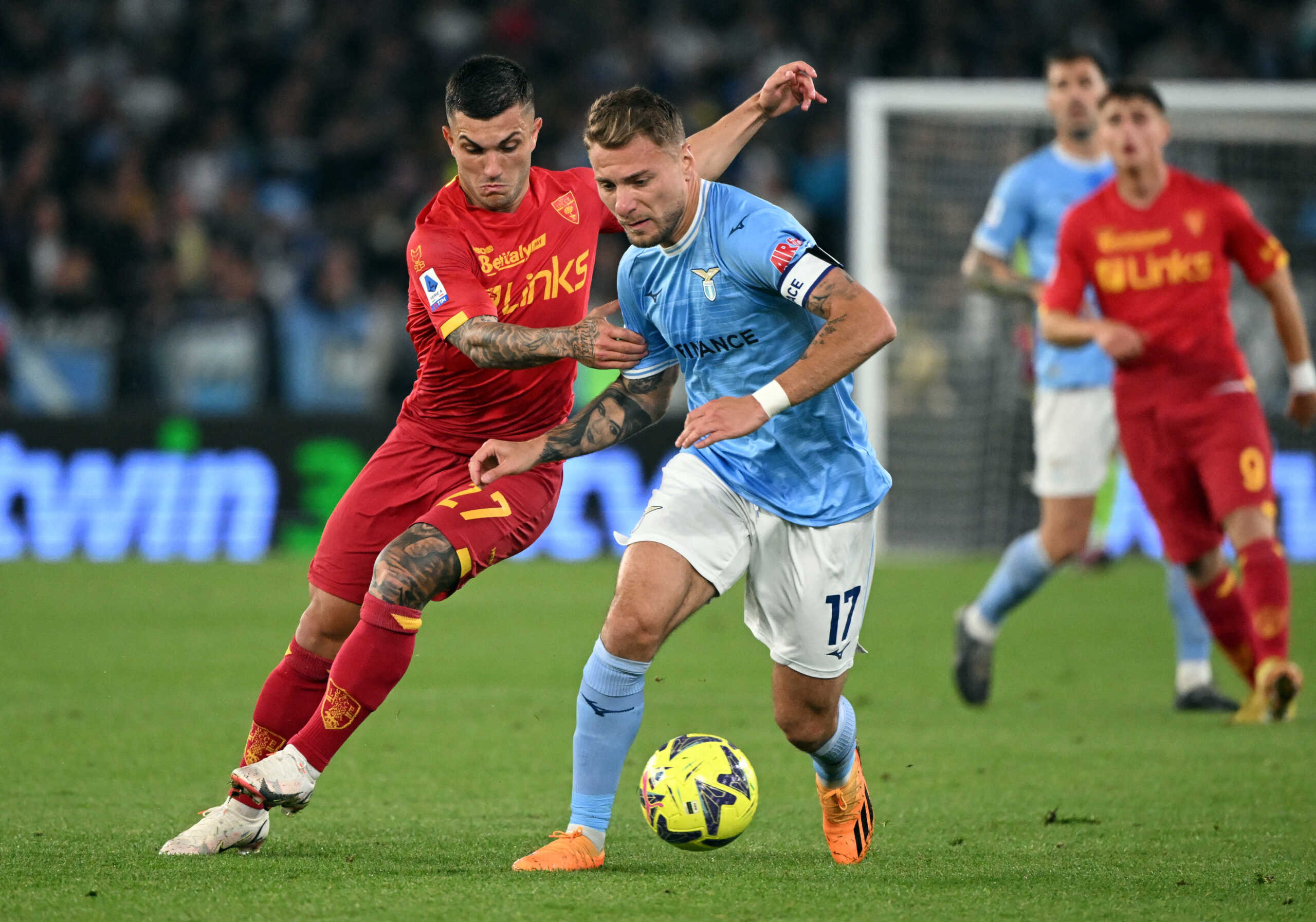 Soccer Football - Serie A - Lazio v Lecce - Stadio Olimpico, Rome, Italy - May 12, 2023 Lazio's Ciro Immobile in action with Lecce's Gabriel Strefezza REUTERS