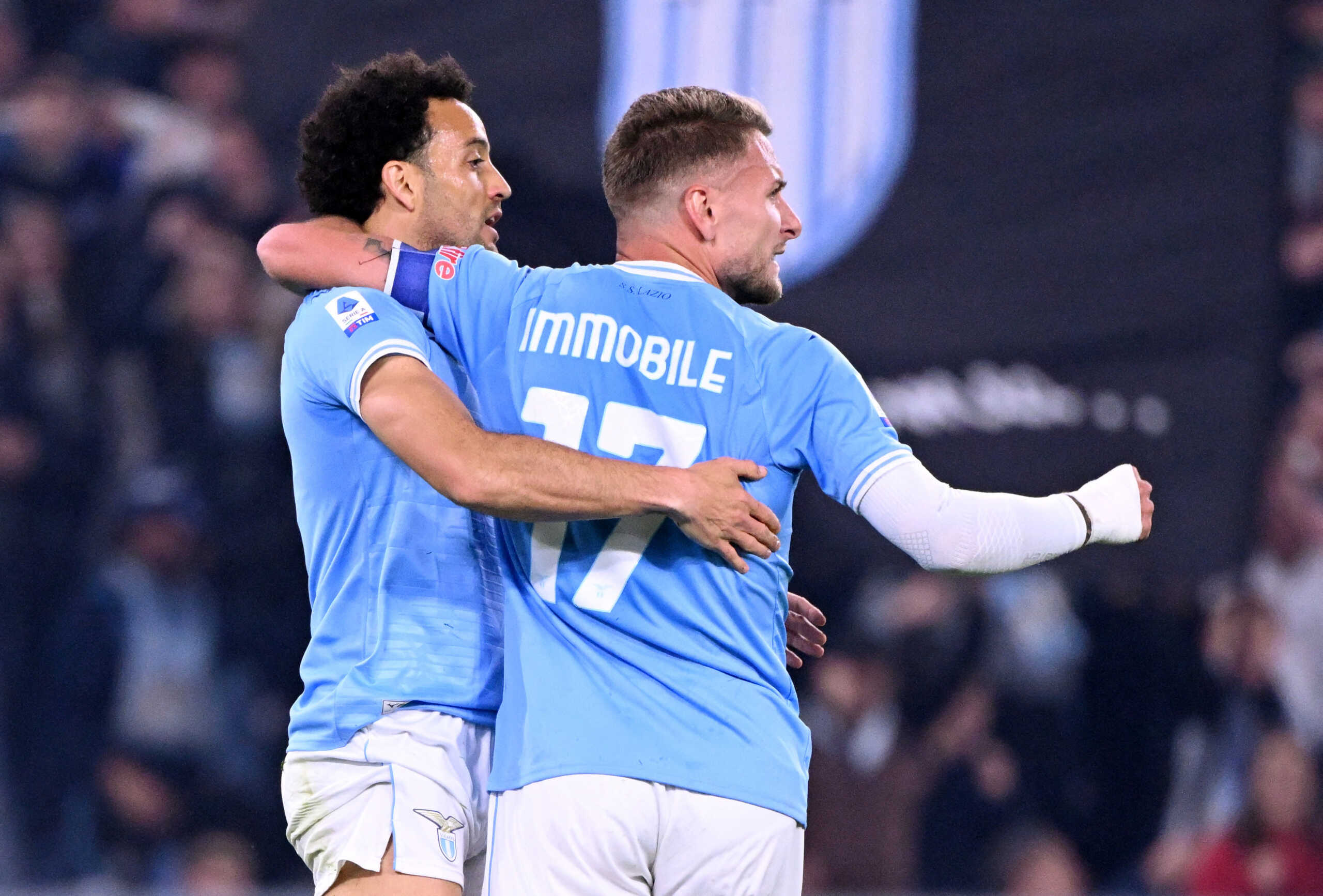 Soccer Football - Serie A - Lazio v U.S. Sassuolo - Stadio Olimpico, Rome, Italy - May 3, 2023 Lazio's Felipe Anderson celebrates scoring their first goal with Ciro Immobile REUTERS