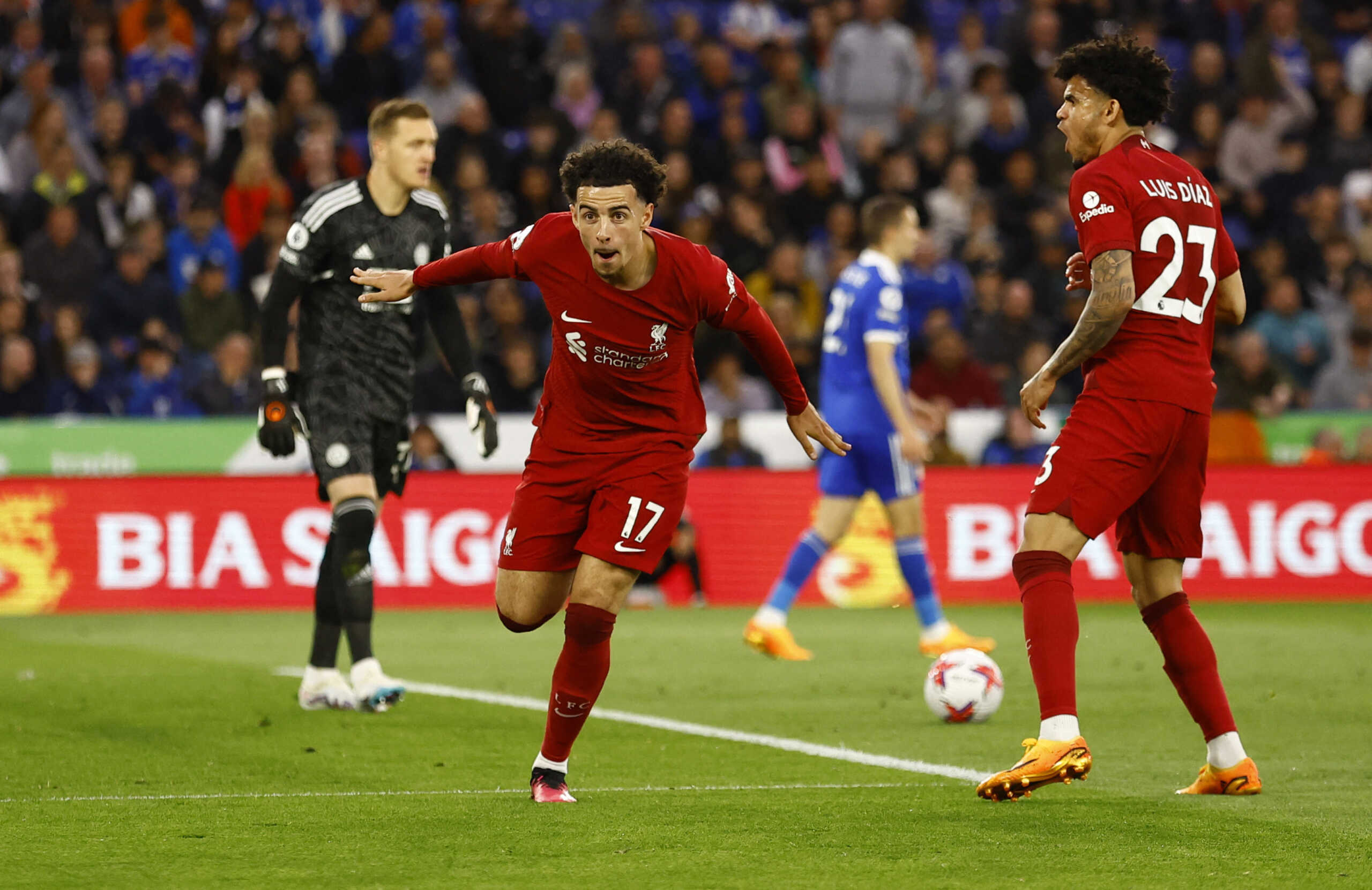 Soccer Football - Premier League - Leicester City v Liverpool - King Power Stadium, Leicester, Britain - May 15, 2023 Liverpool's Curtis Jones celebrates scoring their second goal Action Images via Reuters