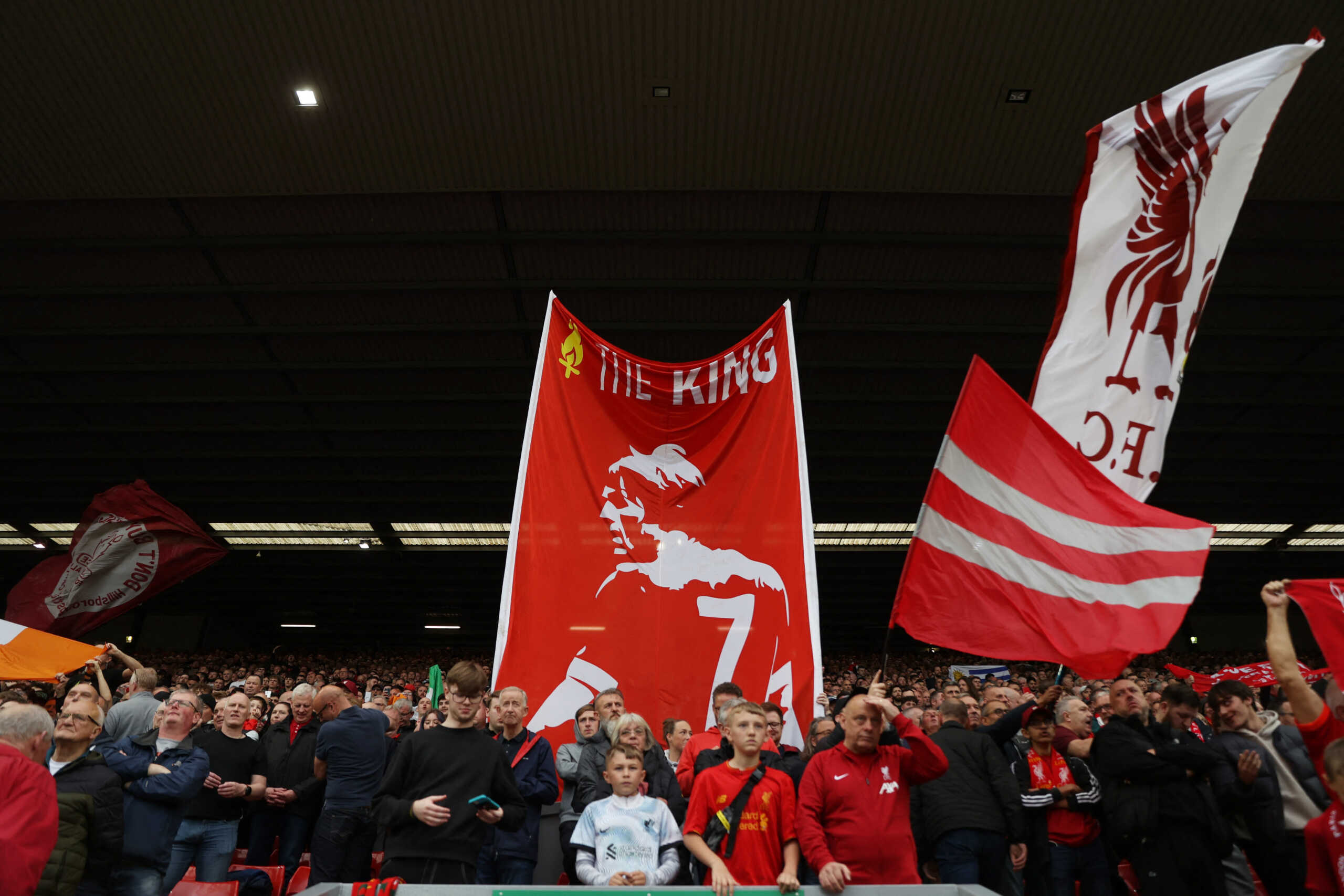 Soccer Football - Premier League - Liverpool v Brentford - Anfield, Liverpool, Britain - May 6, 2023 Liverpool fans display a banner of former player and manager Kenny Dalglish in the stands REUTERS