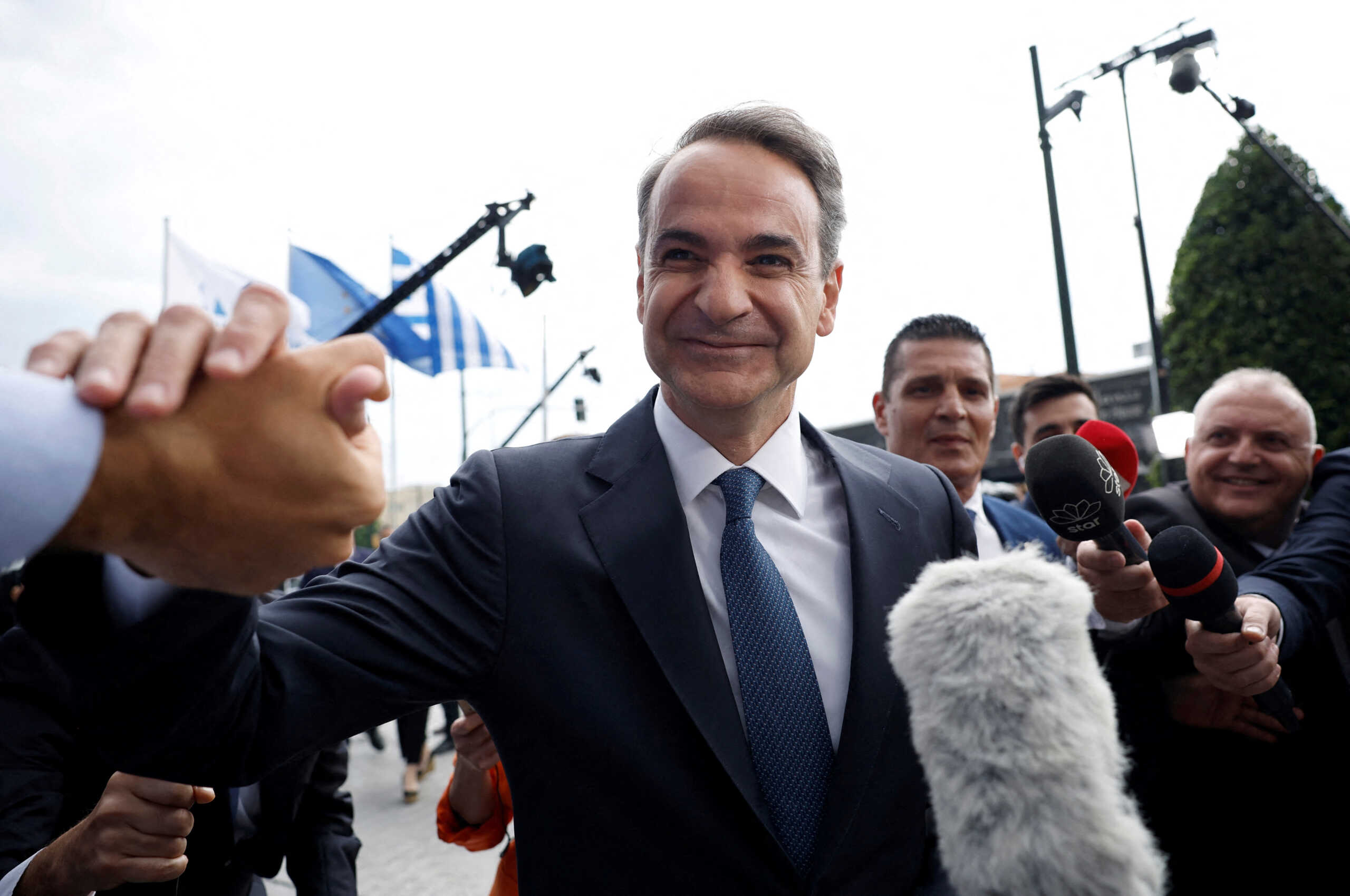 Greek Prime Minister and New Democracy conservative party leader Kyriakos Mitsotakis arrives at the party's headquarters, after the general election, in Athens, Greece, May 21, 2023. REUTERS