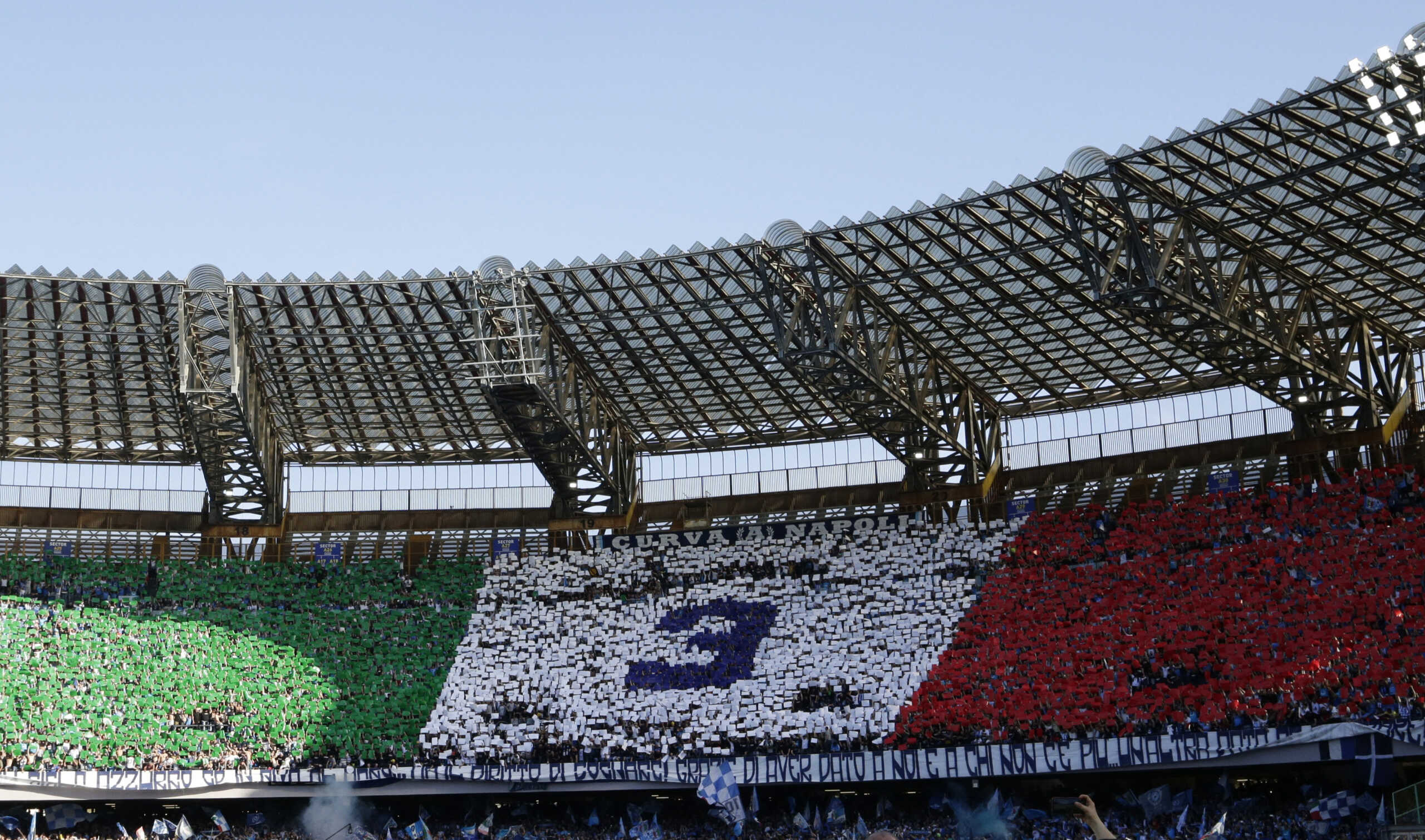 Soccer Football - Serie A - Napoli v Fiorentina - Stadio Diego Armando Maradona, Naples, Italy - May 7, 2023 Napoli fans display a number three in the stands in honour of winning the Serie A for the third time REUTERS