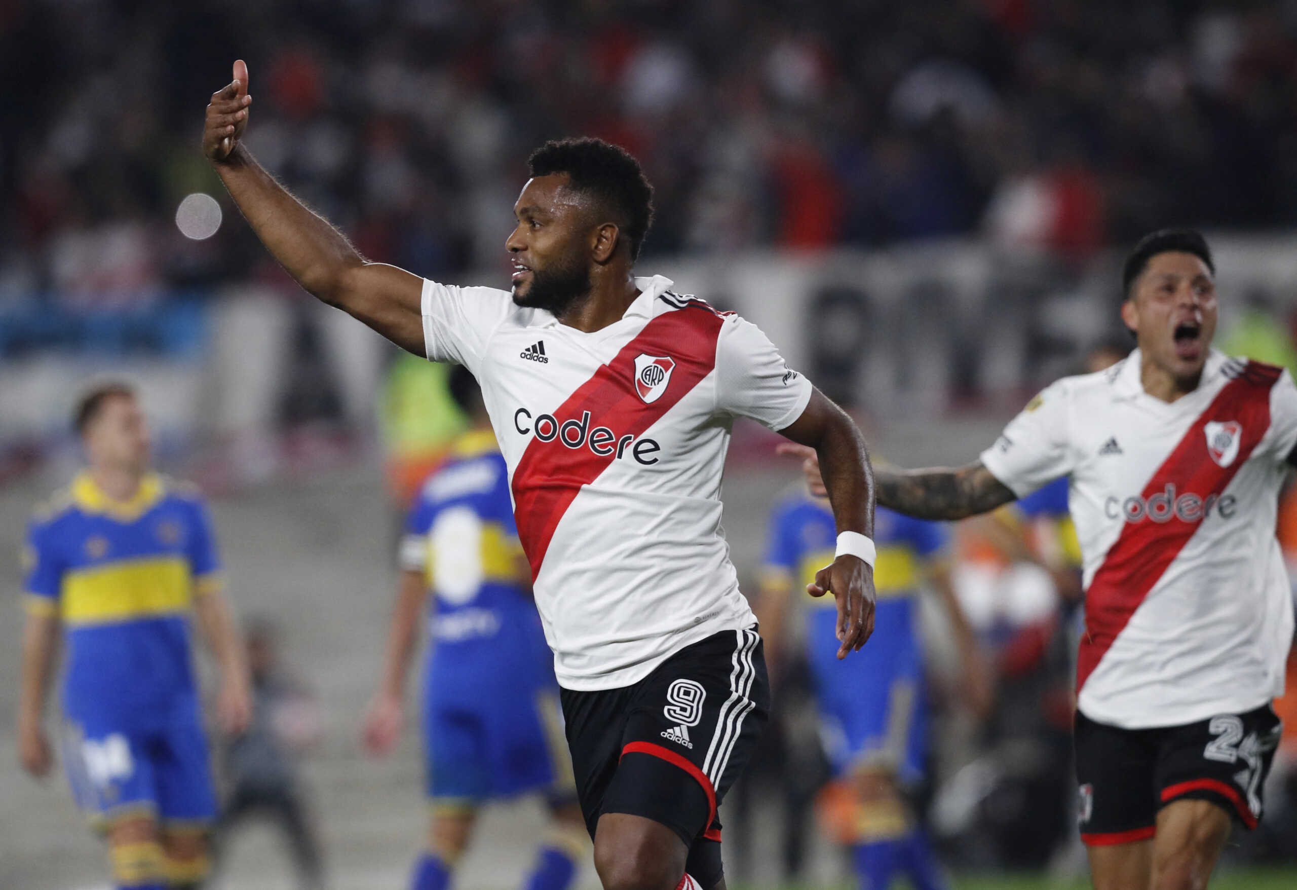 Soccer Football - Primera Division - River Plate v Boca Juniors - Estadio Mas Monumental, Buenos Aires, Argentina - May 7, 2023 River Plate's Miguel Borja celebrates scoring their first goal REUTERS