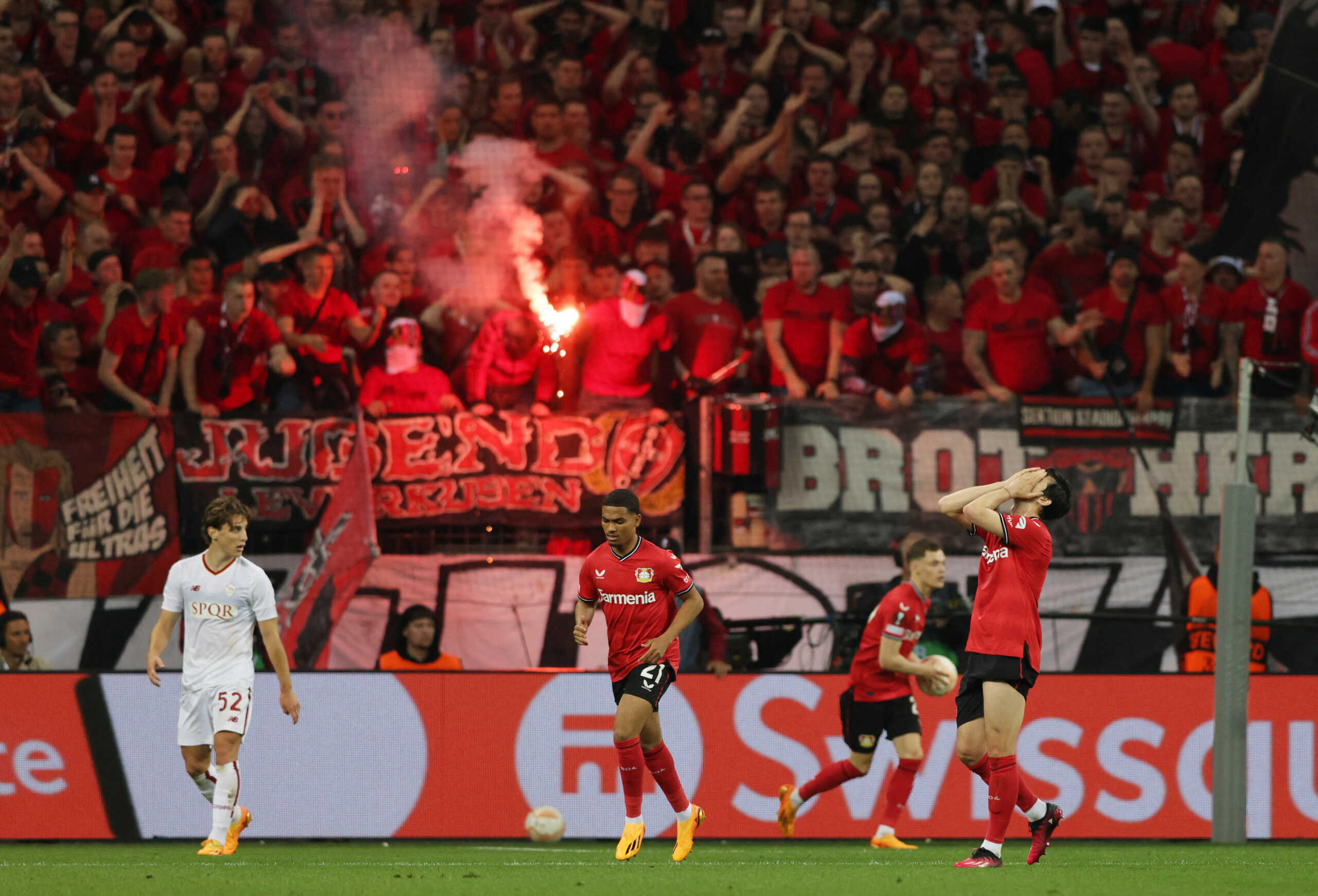 Soccer Football -  Europa League - Semi Final - Second Leg - Bayer Leverkusen v AS Roma - BayArena, Leverkusen, Germany - May 18, 2023 Bayer Leverkusen's Sardar Azmoun reacts REUTERS