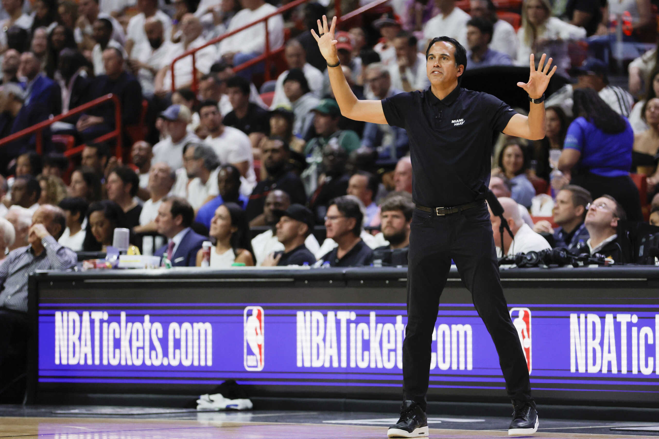 Apr 22, 2023; Miami, Florida, USA; Miami Heat head coach Erik Spoelstra reacts from the sideline in the fourth quarter against the Milwaukee Bucks during game three of the 2023 NBA Playoffs at Kaseya Center. Mandatory Credit: Sam Navarro-USA TODAY Sports