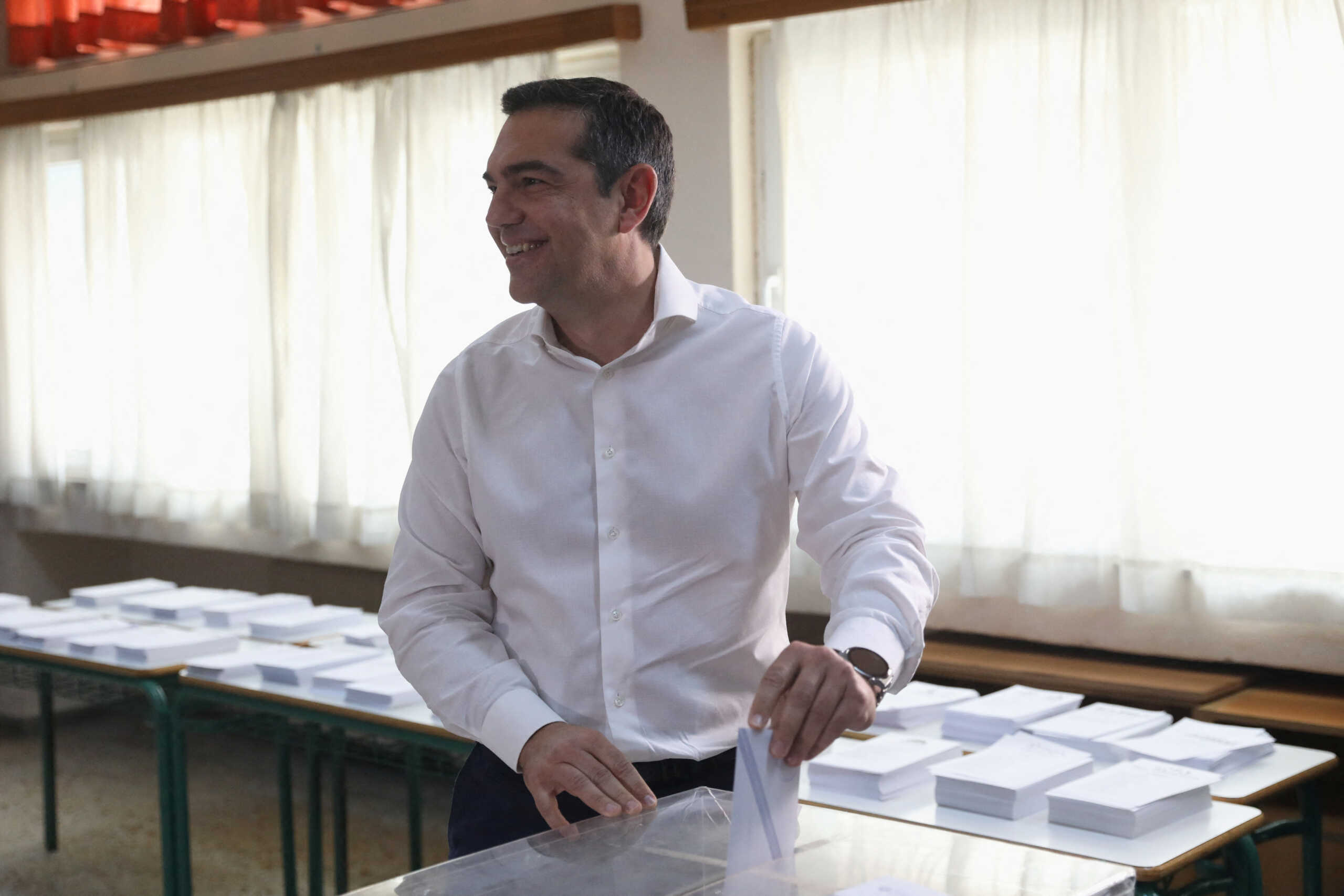 Leftist Syriza party leader Alexis Tsipras casts his ballot at a polling station, during the general election in Athens, Greece, May 21, 2023. REUTERS