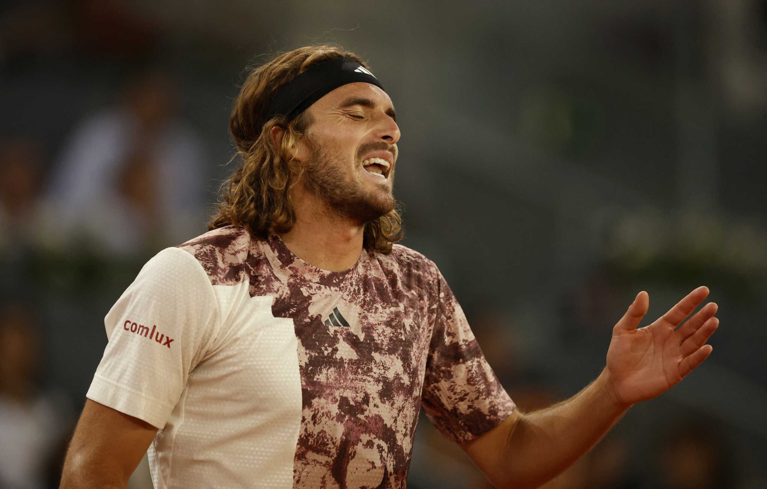 Tennis - Madrid Open - Park Manzanares, Madrid, Spain - May 4, 2023 Greece's Stefanos Tsitsipas reacts during his quarter final match against Germany's Jan-Lennard Struff REUTERS