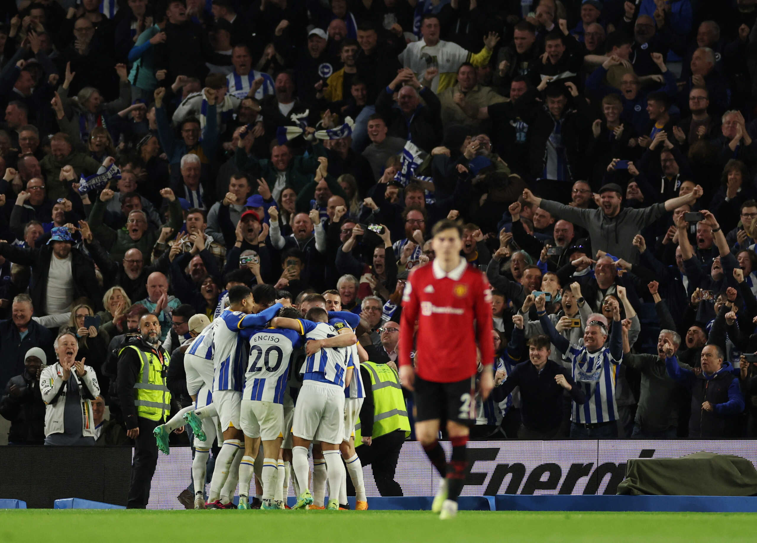 Soccer Football - Premier League - Brighton & Hove Albion v Manchester United - The American Express Community Stadium, Brighton, Britain - May 4, 2023 Brighton & Hove Albion's Alexis Mac Allister celebrates scoring their first goal with teammates REUTERS