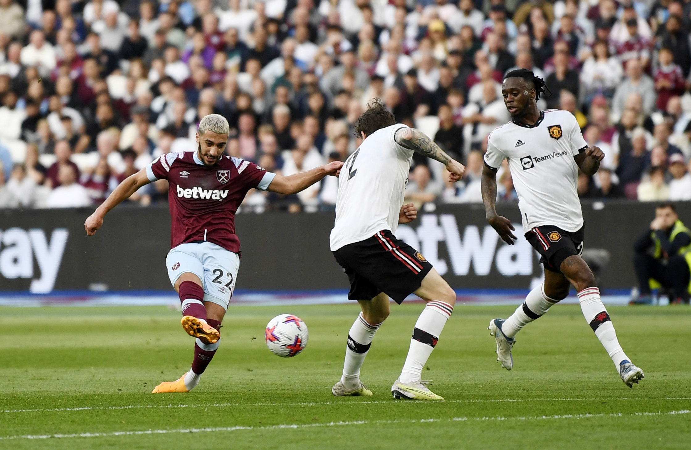Soccer Football - Premier League - West Ham United v Manchester United - London Stadium, London, Britain - May 7, 2023 West Ham United's Said Benrahma scores their first goal REUTERS