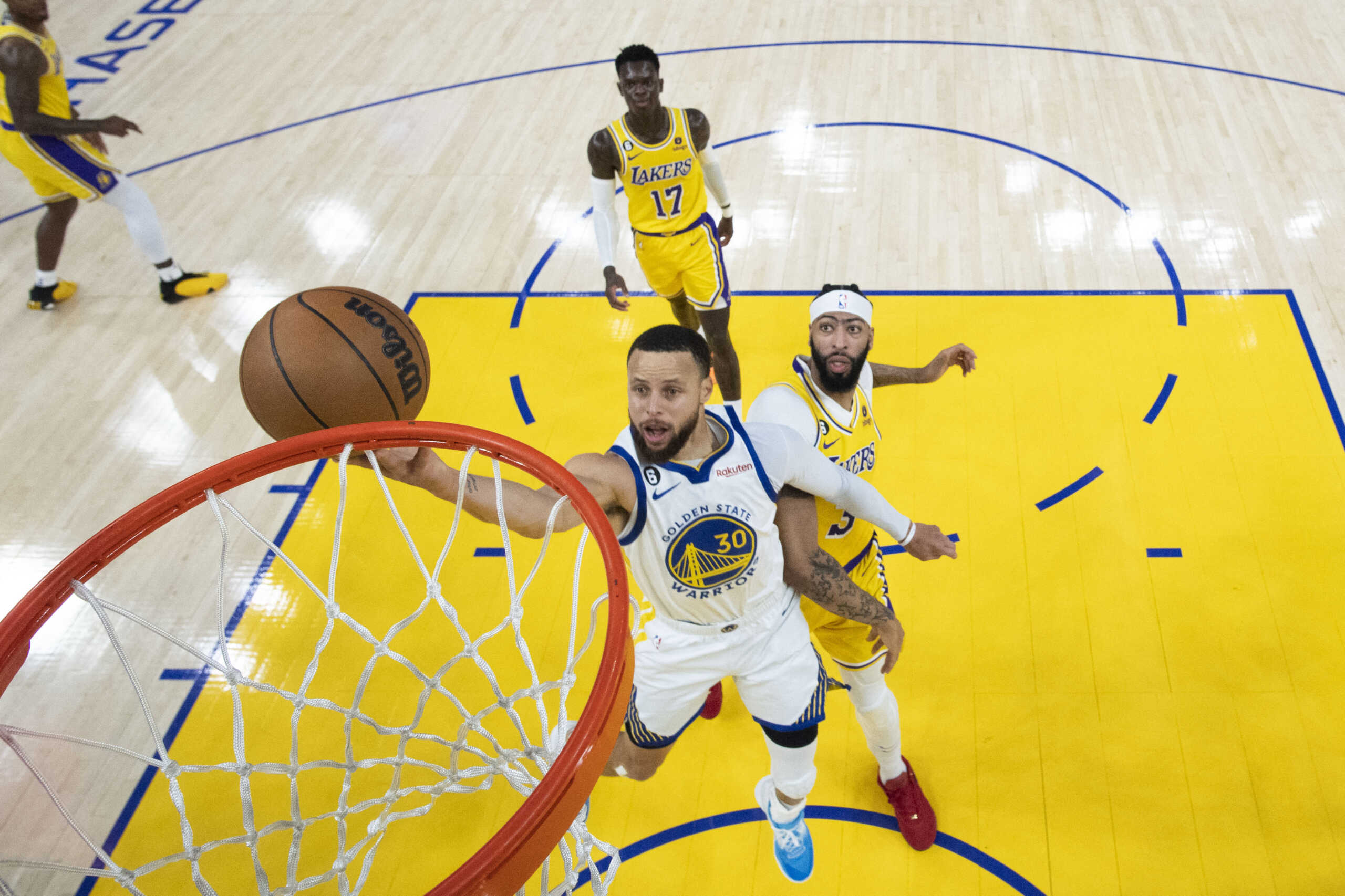 May 10, 2023; San Francisco, California, USA; Golden State Warriors guard Stephen Curry (30) shoots the basketball against Los Angeles Lakers forward Anthony Davis (3) during the third quarter in game five of the 2023 NBA playoffs conference semifinals round at Chase Center. Mandatory Credit: Kyle Terada-USA TODAY SportsMay 10, 2023; San Francisco, California, USA; XXXX during the first half in game five of the 2023 NBA playoffs conference semifinals round at Chase Center. Mandatory Credit: Kyle Terada-USA TODAY Sports
