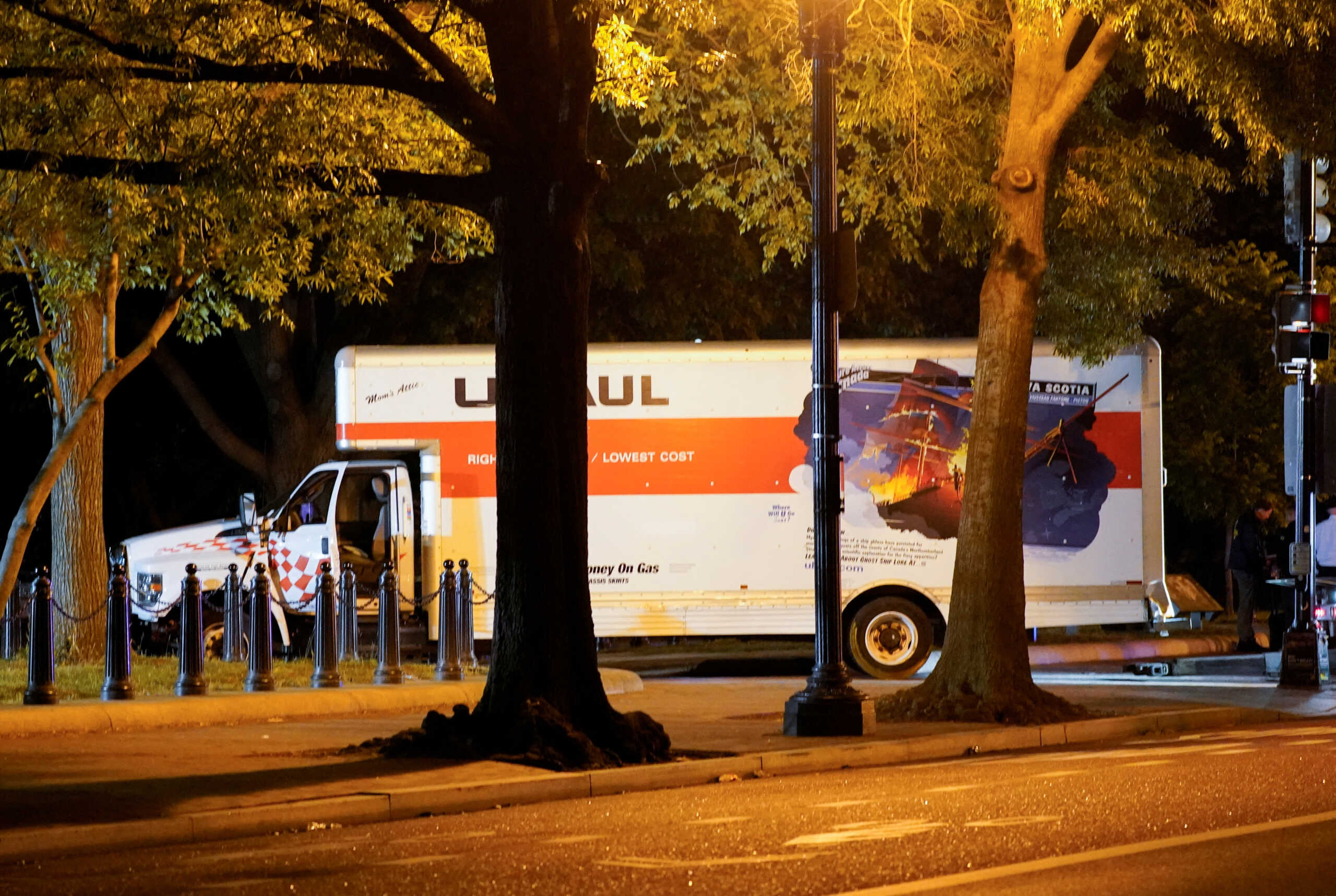 A view of a rented box truck that crashed into security barriers at Lafayette Park across from the White House, as the U.S. Secret Service and other law enforcement agencies investigate the incident, in Washington, U.S. May 23, 2023.   REUTERS