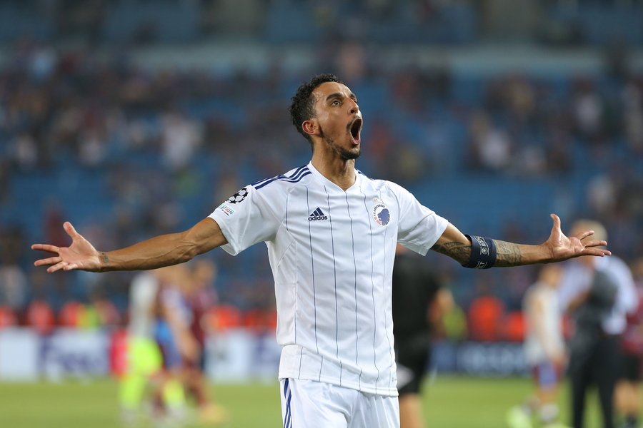 epa10137020 FCK's Carlos Zeca celebrates after the UEFA Champions League second leg play off match between Trabzonspor and FC Copenhagen in Trabzon, Turkey, 24 August 2022.  EPA
