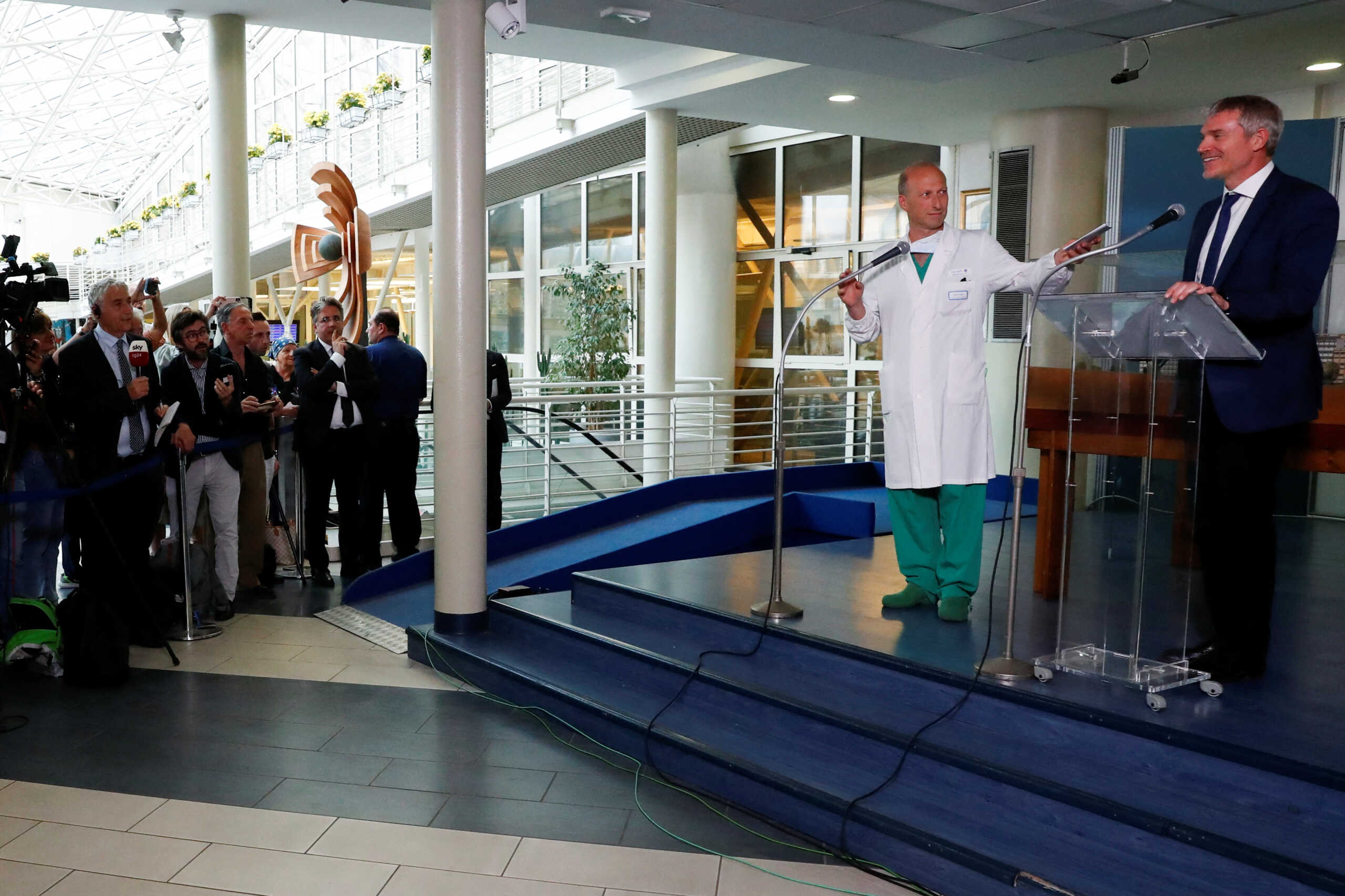 Professor Sergio Alfieri and Vatican spokesman Matteo Bruni speak with the media at the Gemelli Hospital where Pope Francis undergoes the abdominal surgery, in Rome, Italy, June 7, 2023. REUTERS