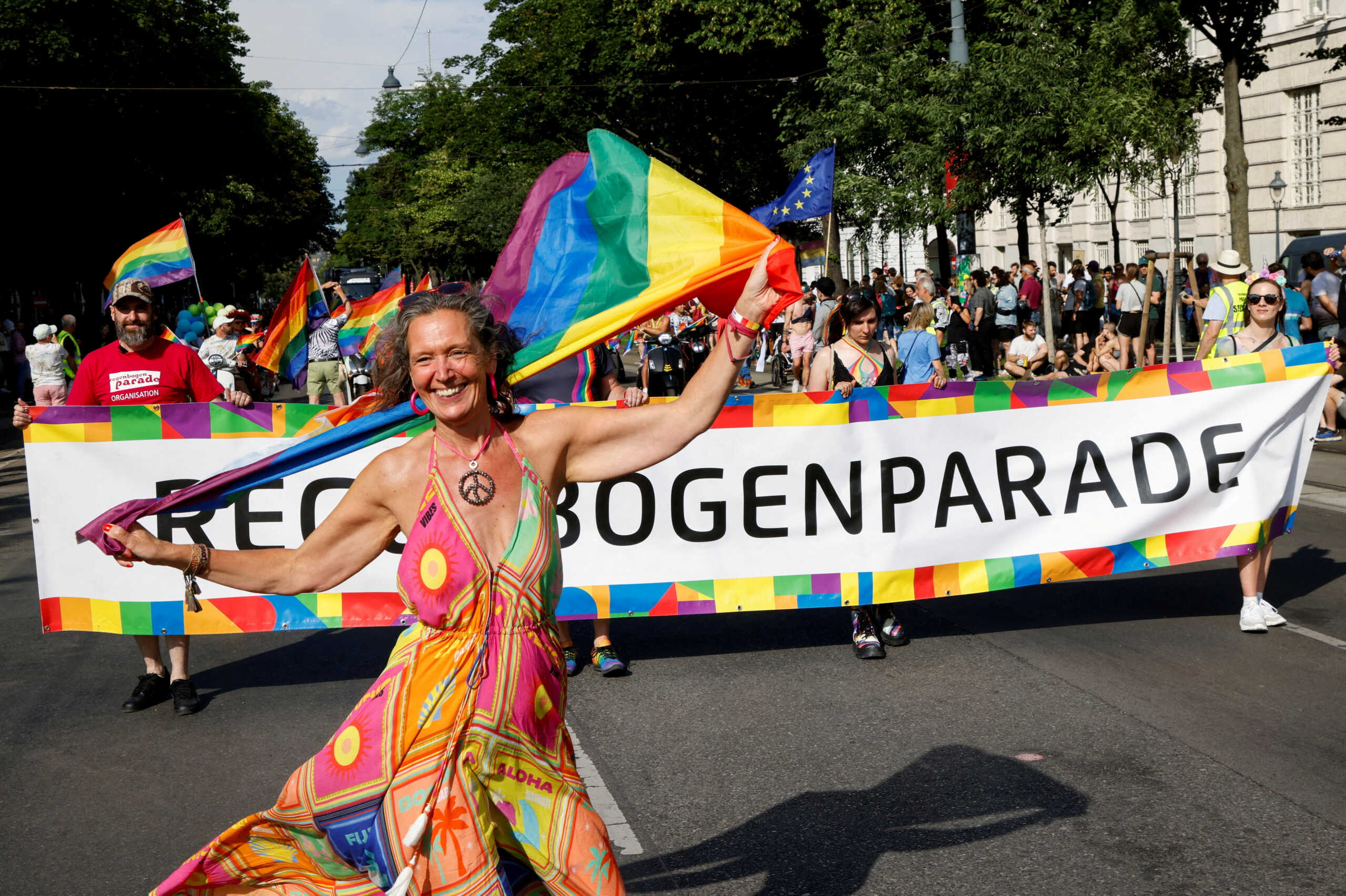FILE PHOTO: People attend a march to celebrate LGBTQ+ rights at the annual pride parade in Vienna, Austria, June 17, 2023. REUTERS